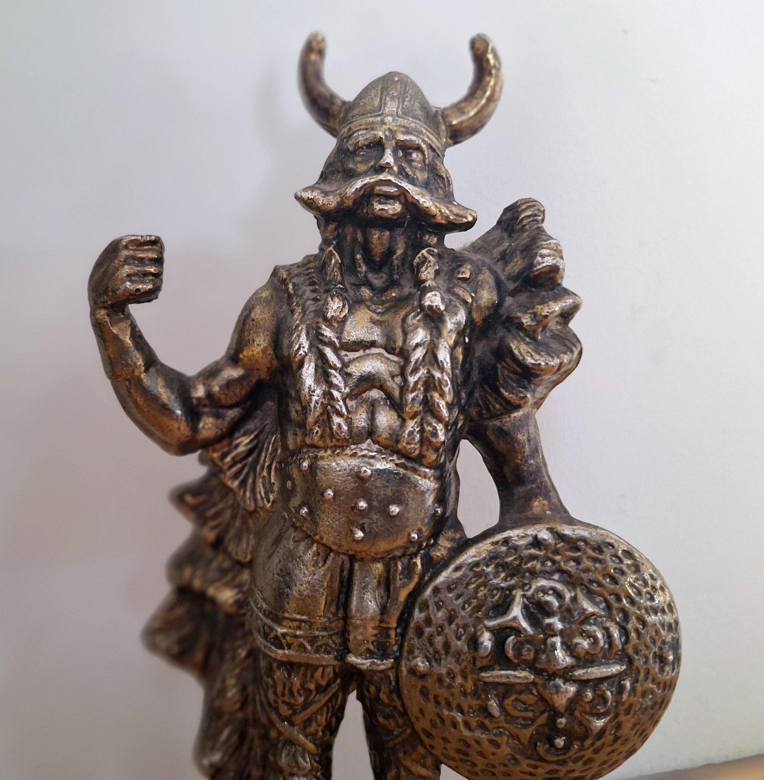 Vintage Viking Warrior Bronze Statue with Shield | Norse Mythology Decor | Antique Bronze Figure | Norse Viking Sculpture for Home Office