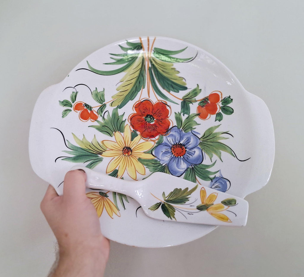 Vintage Italian Hand-Painted Ceramic Cake Plate and Serving Spatula - Floral Design