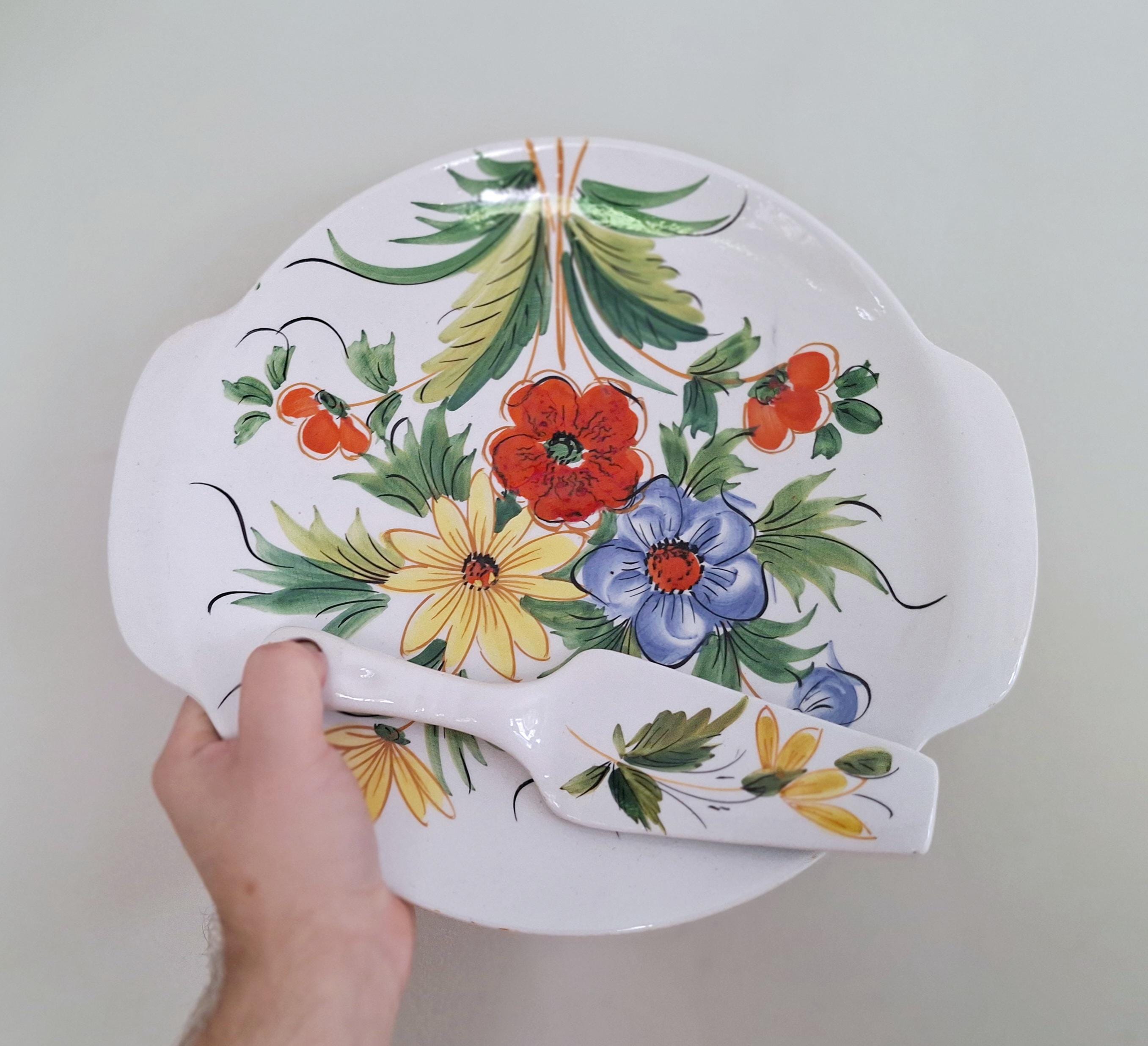 Vintage Italian Hand-Painted Ceramic Cake Plate and Serving Spatula - Floral Design