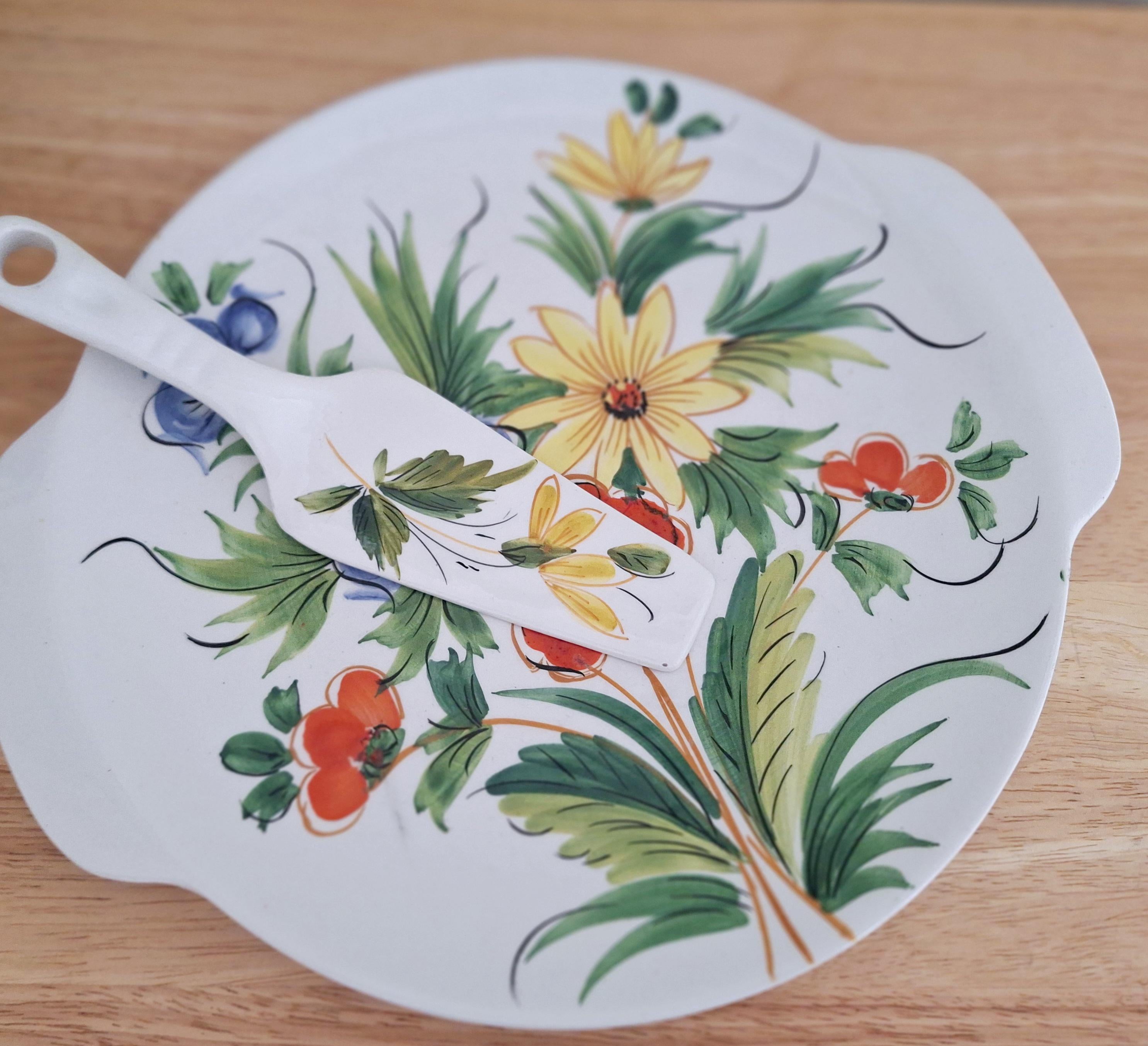 Vintage Italian Hand-Painted Ceramic Cake Plate and Serving Spatula - Floral Design
