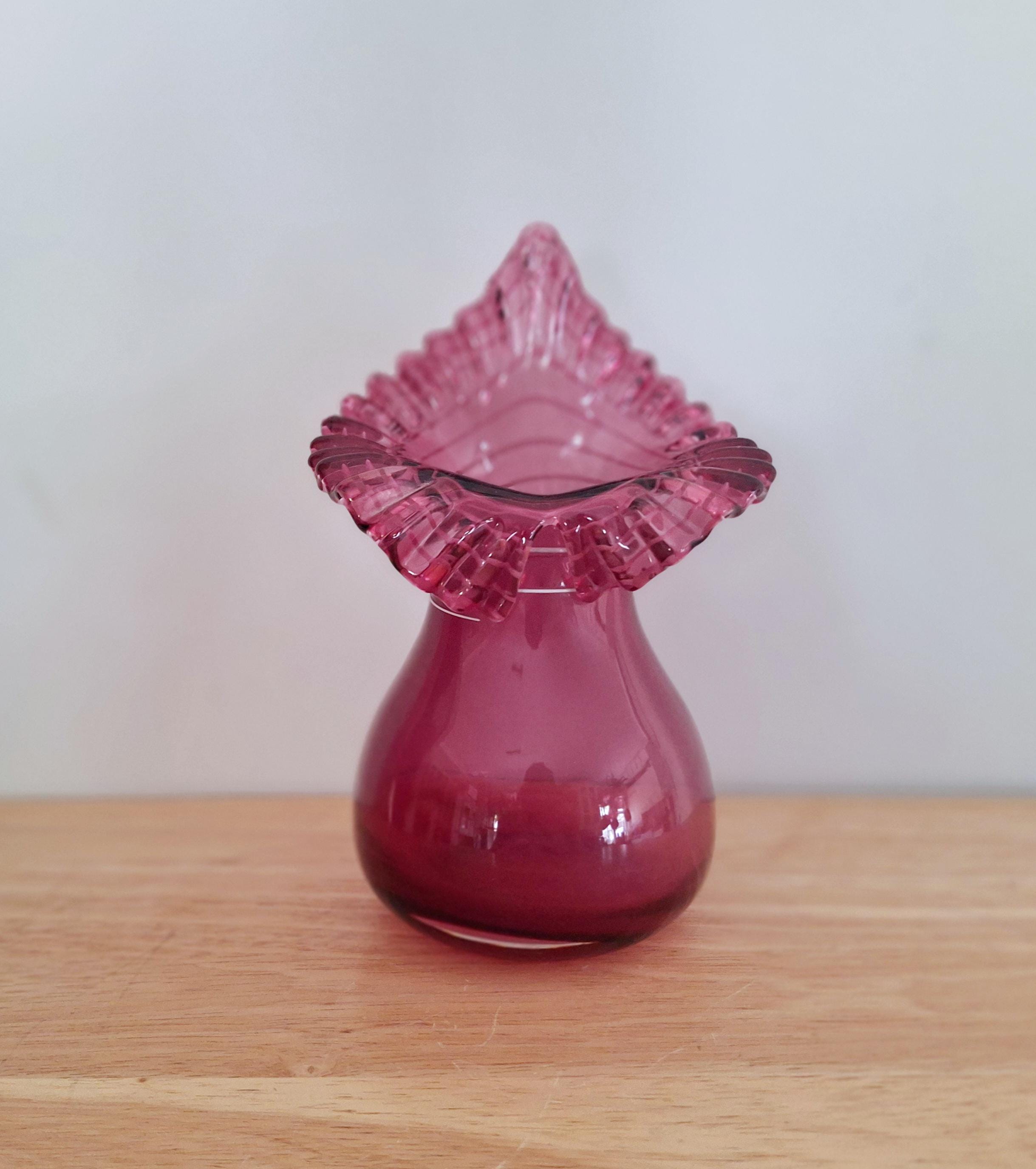 Vintage Art Glass Fenton Cranberry Pink Ruffled Vase - 1950s Handblown Glassware, Collectible Retro Home Decor, Mid-Century Modern Gift