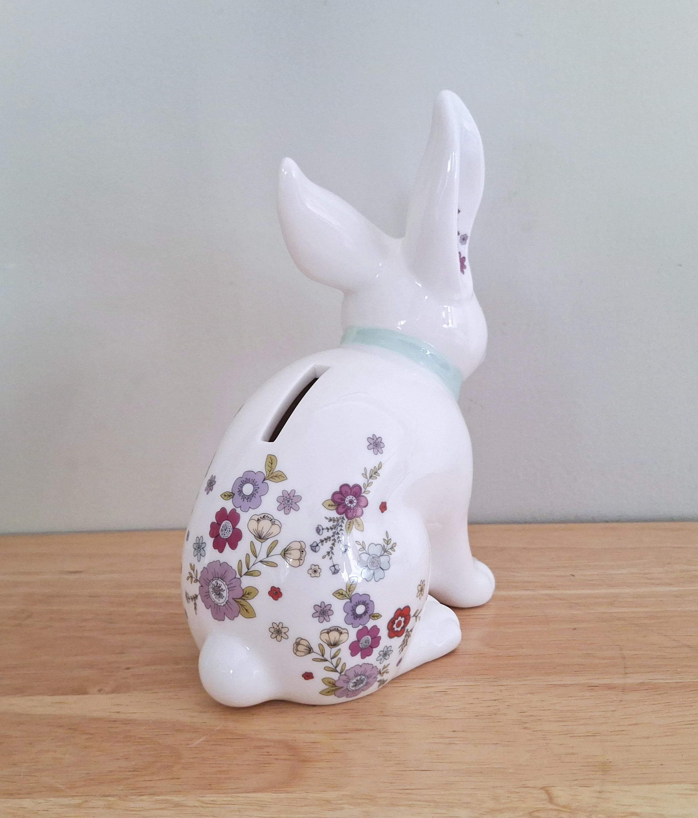 Vintage Ceramic Floral Rabbit Money Box, Decorative Floral Design Bunny Bank with Coin Slot, Home Decor