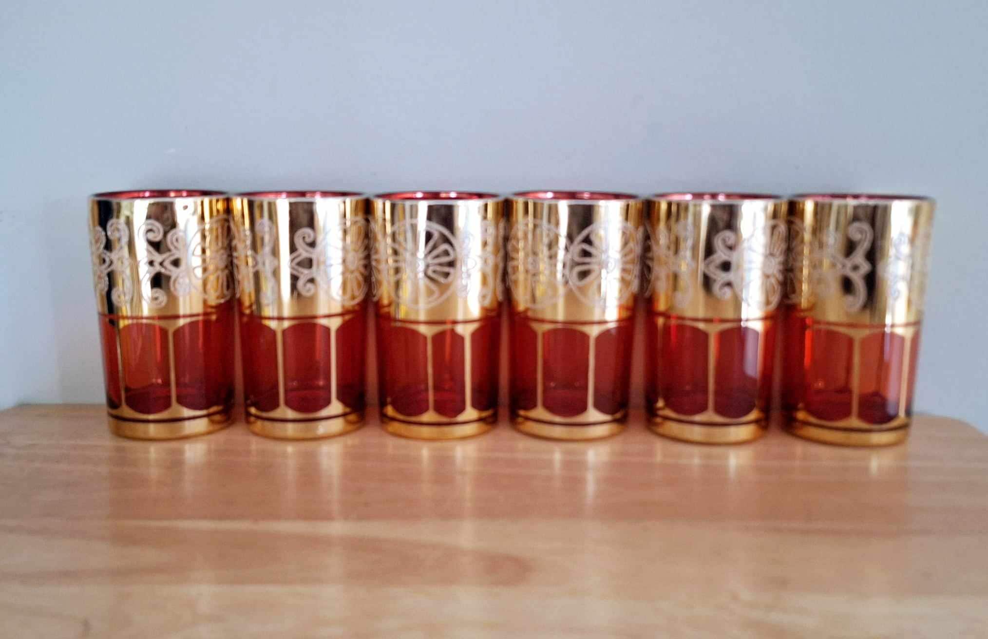 Vintage Moroccan Inspired Red and Gold Tea Glasses - Elegant Set of 6 for Tea, Decor, and Gifts  Intricate Golden Detailing - Retro Glamour!
