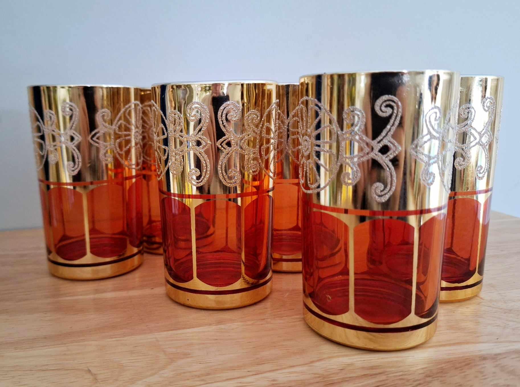 Vintage Moroccan Inspired Red and Gold Tea Glasses - Elegant Set of 6 for Tea, Decor, and Gifts  Intricate Golden Detailing - Retro Glamour!