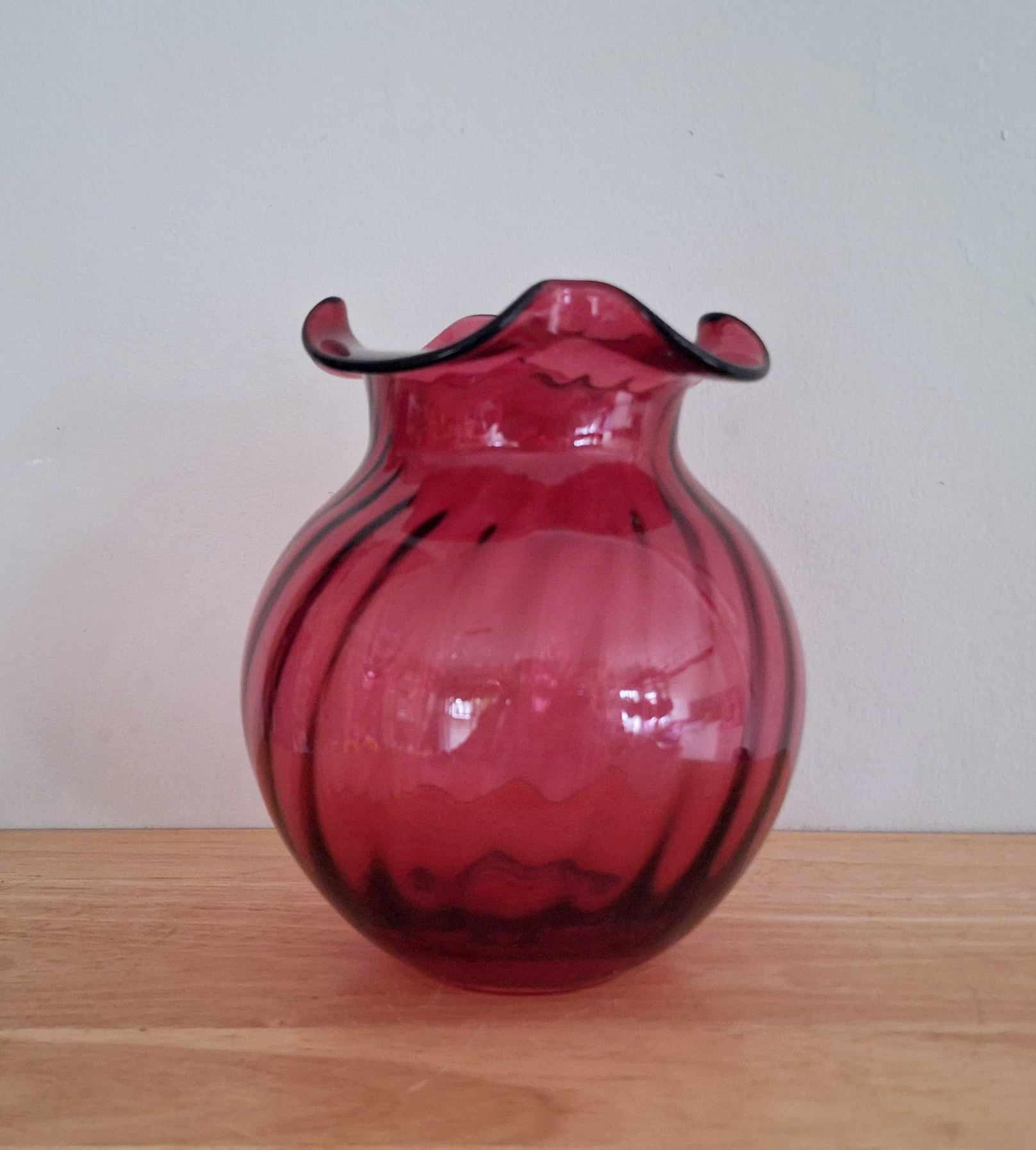 Vintage Ruby Red Hand-Blown Glass Vase, Swirl Pattern, Ruffled Rim | Mid-Century Art Glass Decor | Elegant Decorative Vase for Home Display