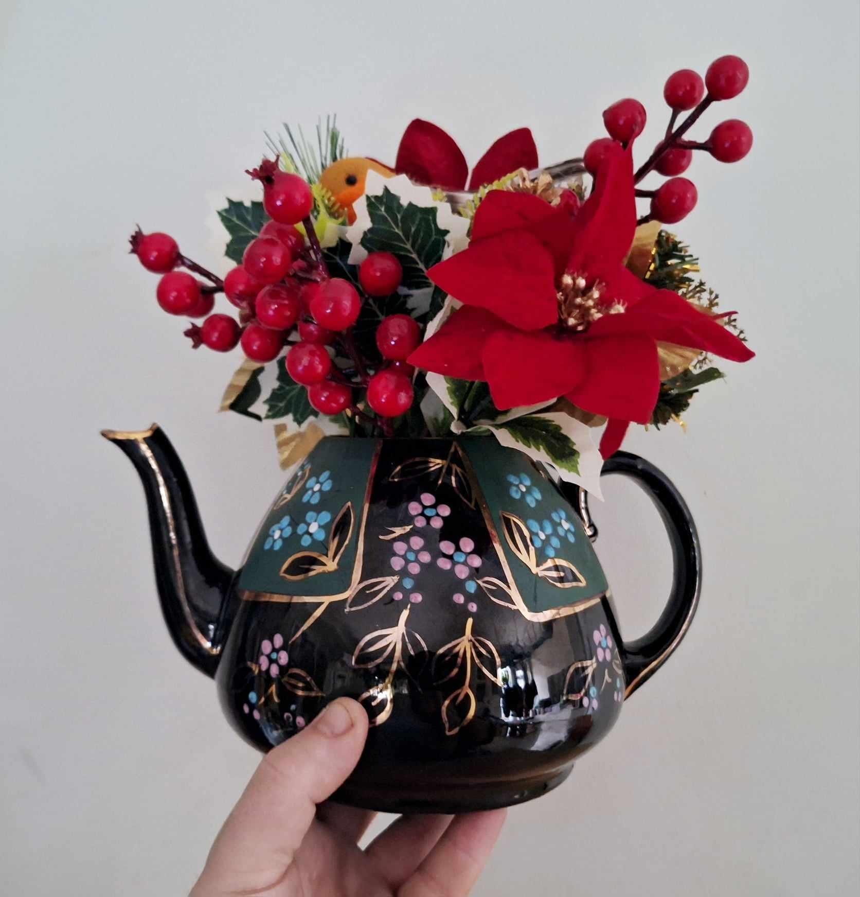 Antique Victorian Jackfield Earthenware Teapot Christmas Centerpiece  Upcycled Holiday Decor with Festive Floral Arrangement (c.1880s)