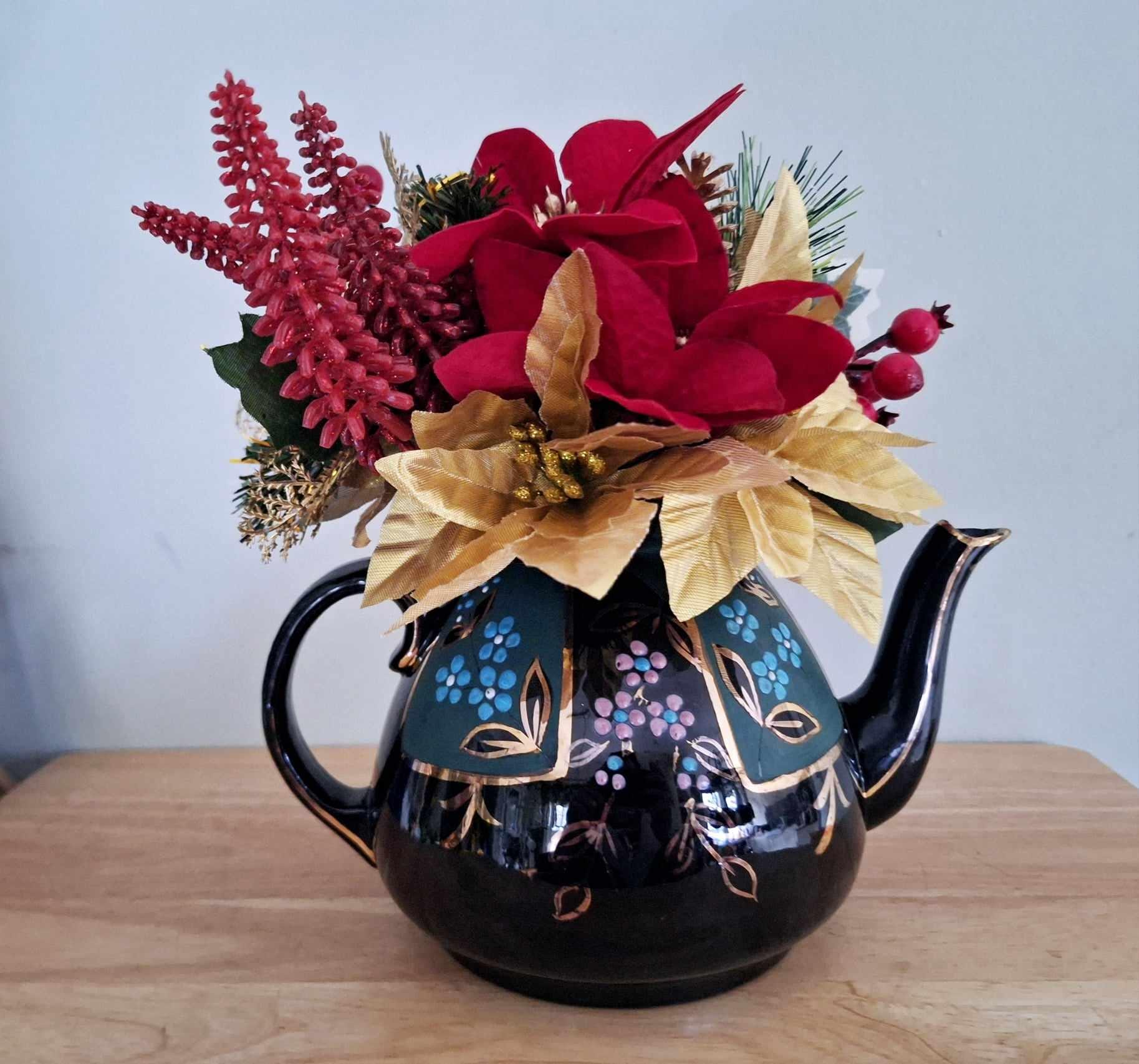 Antique Victorian Jackfield Earthenware Teapot Christmas Centerpiece  Upcycled Holiday Decor with Festive Floral Arrangement (c.1880s)