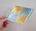 Vintage Beswick Iridescent Rectangular Flower Dish 639 - Retro Ceramic Art Deco Tray with Pastel Blue, Yellow, and Green Flower Pattern -