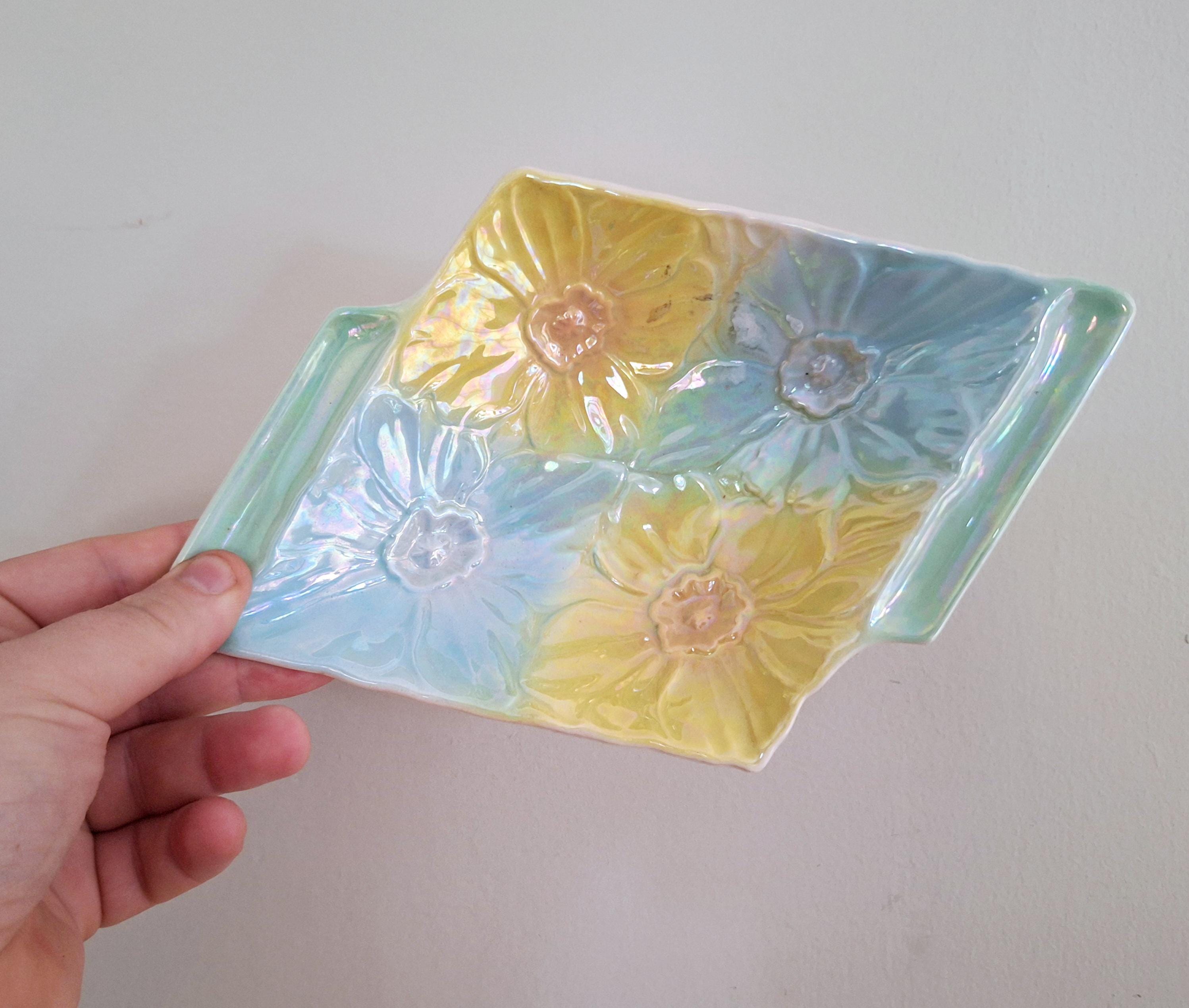 Vintage Beswick Iridescent Rectangular Flower Dish 639 - Retro Ceramic Art Deco Tray with Pastel Blue, Yellow, and Green Flower Pattern -