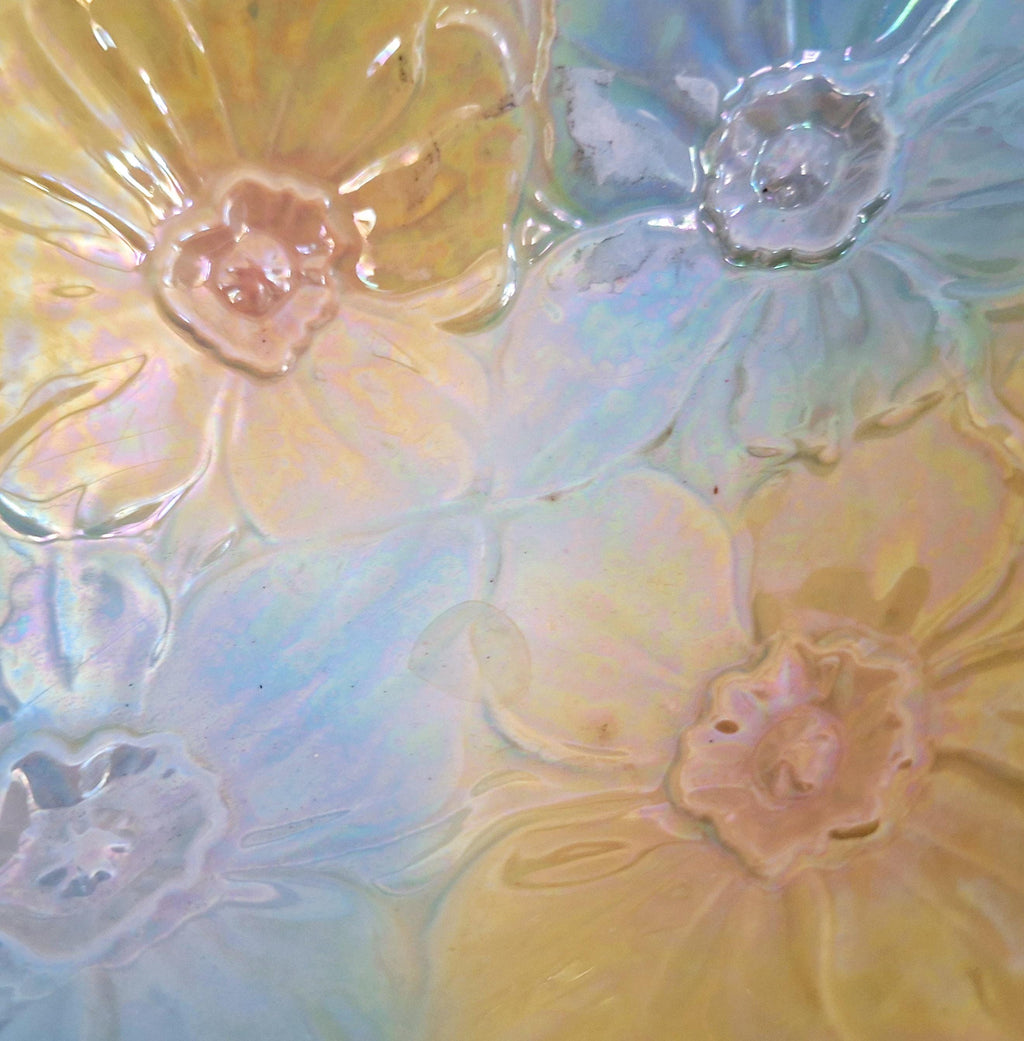 Vintage Beswick Iridescent Rectangular Flower Dish 639 - Retro Ceramic Art Deco Tray with Pastel Blue, Yellow, and Green Flower Pattern -