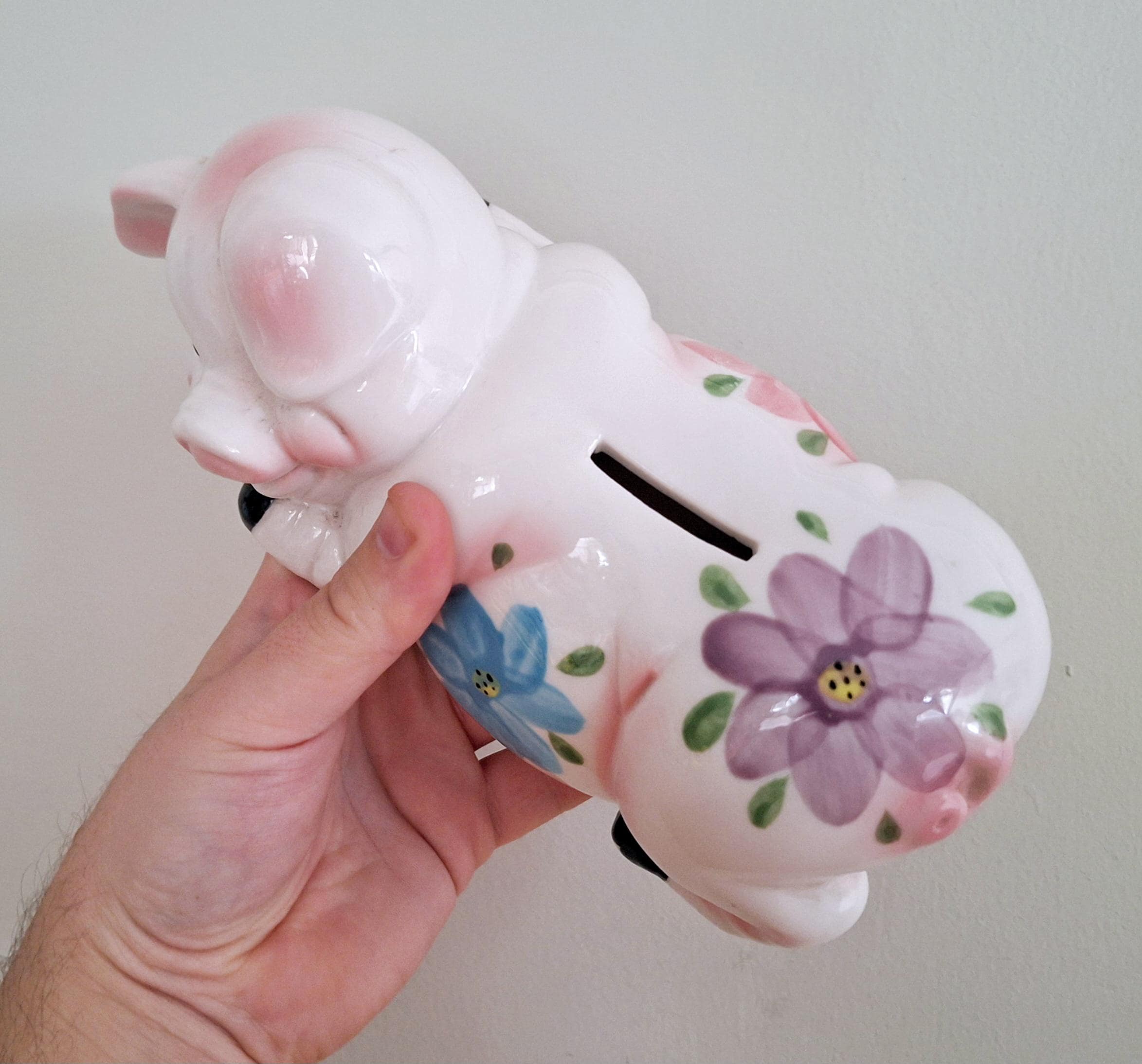Vintage Hand-Painted Ceramic Piggy Bank | Adorable Floral Pink Pig | Collectible Piggy Bank with Stopper | Home Decor or Nursery Decoration
