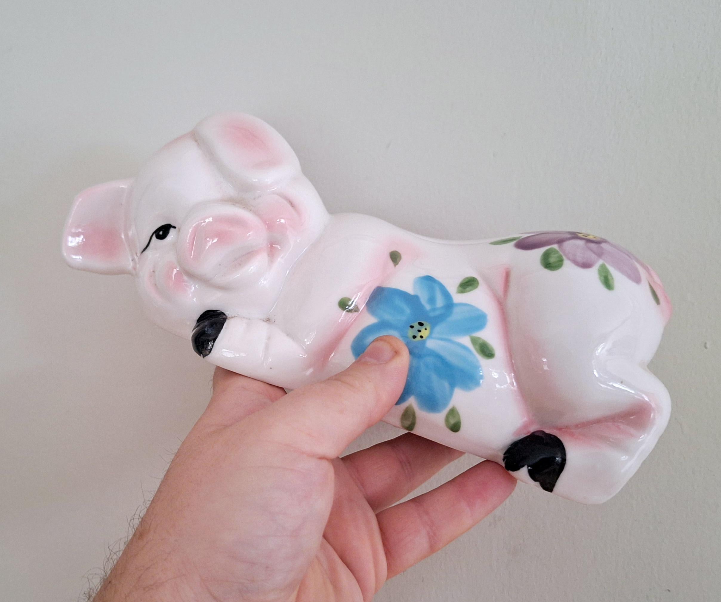 Vintage Hand-Painted Ceramic Piggy Bank | Adorable Floral Pink Pig | Collectible Piggy Bank with Stopper | Home Decor or Nursery Decoration