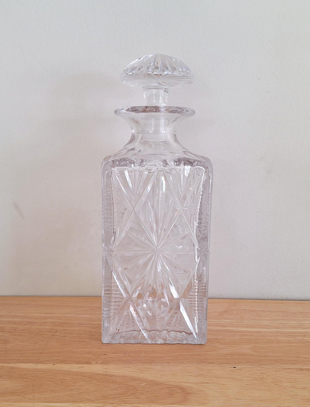 Vintage Cut Glass Decanter with Stopper | Geometric Starburst Design | Elegant Crystal Liquor Bottle | Barware | Collectible Glassware