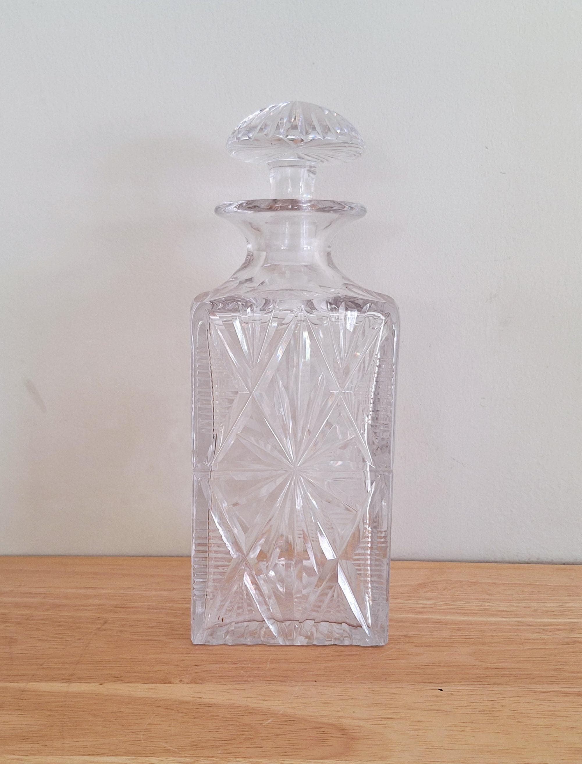 Vintage Cut Glass Decanter with Stopper | Geometric Starburst Design | Elegant Crystal Liquor Bottle | Barware | Collectible Glassware