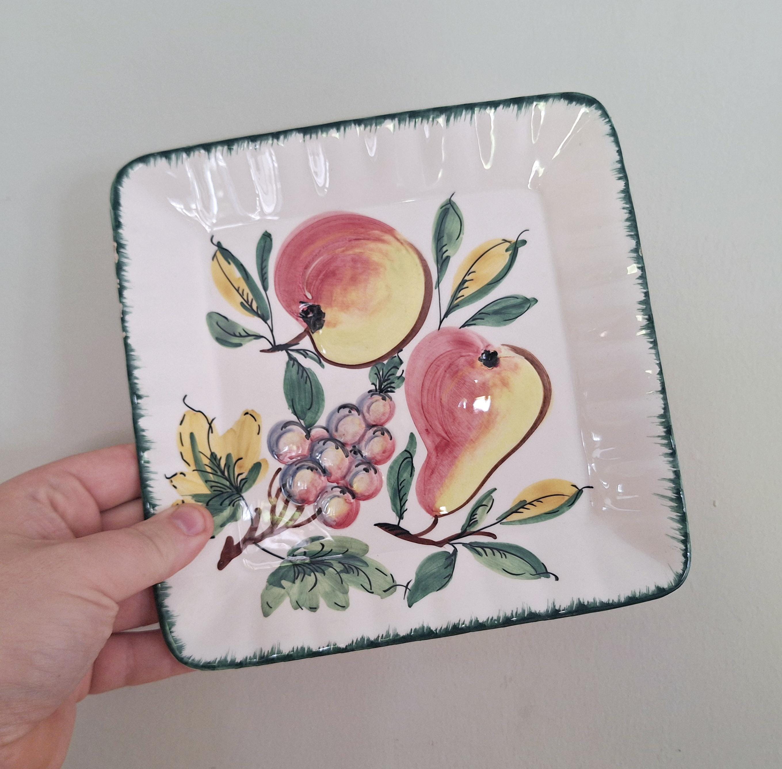 Vintage Hand-Painted Italian Ceramic Fruit Design Plate | Square Italy Plate with Peach, Pear, and Grape Motif | Rustic Kitchen Decor