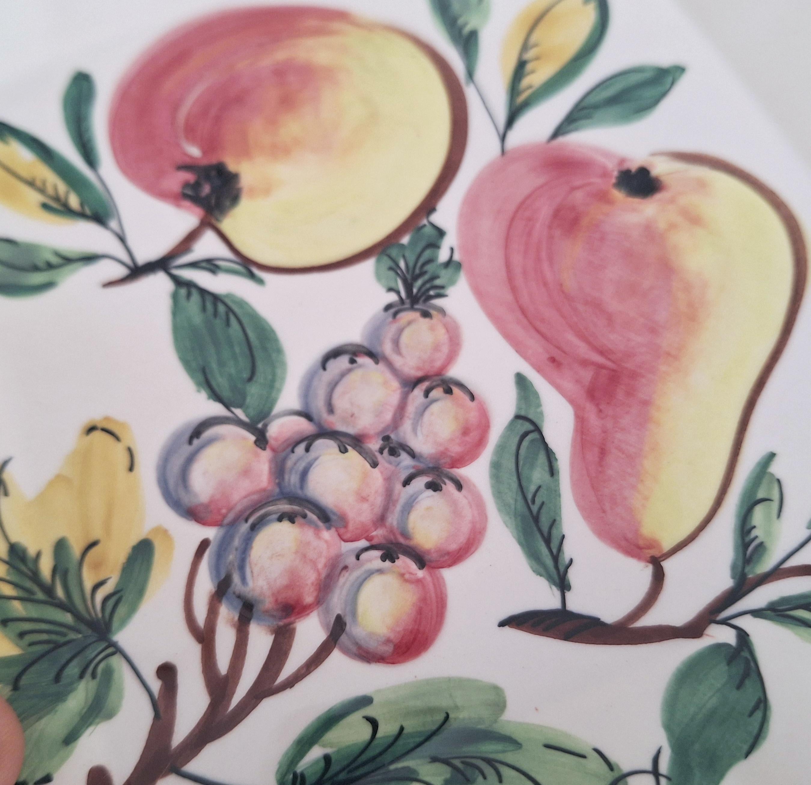 Vintage Hand-Painted Italian Ceramic Fruit Design Plate | Square Italy Plate with Peach, Pear, and Grape Motif | Rustic Kitchen Decor