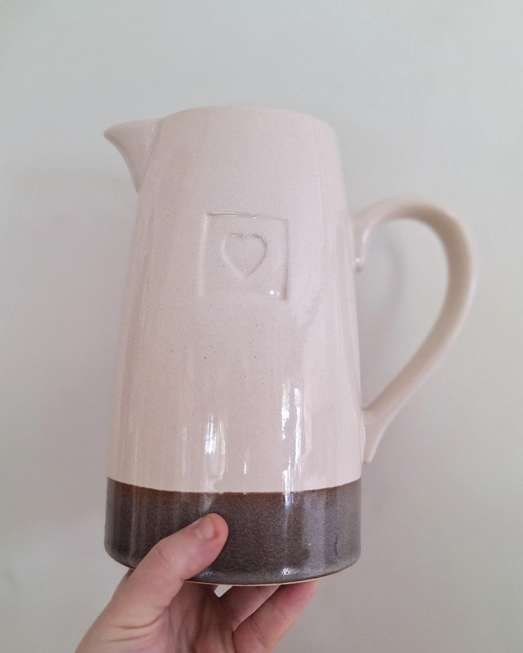 Rustic Ceramic jug with Heart Embossed Design  Handcrafted Neutral Beige and Brown Vase  Farmhouse Style Flower Vase, Tableware Decor,