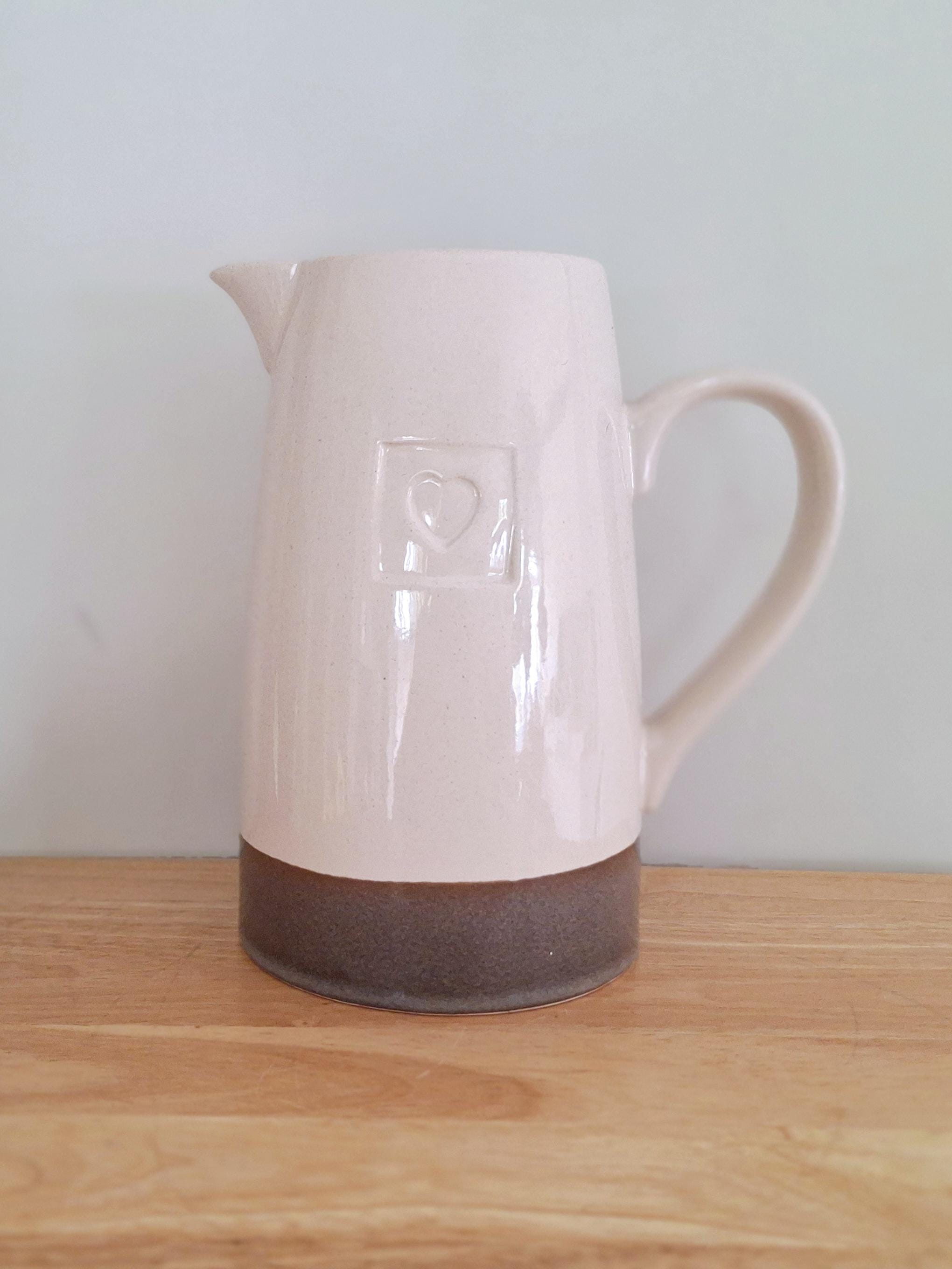 Rustic Ceramic jug with Heart Embossed Design  Handcrafted Neutral Beige and Brown Vase  Farmhouse Style Flower Vase, Tableware Decor,