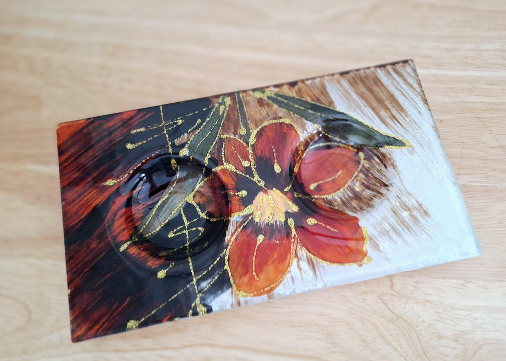 Hand-Painted Glass Tea Light Holder with Red Flower Design  Decorative Candle Holder with Gold Detailing  Home Décor, Gift Idea