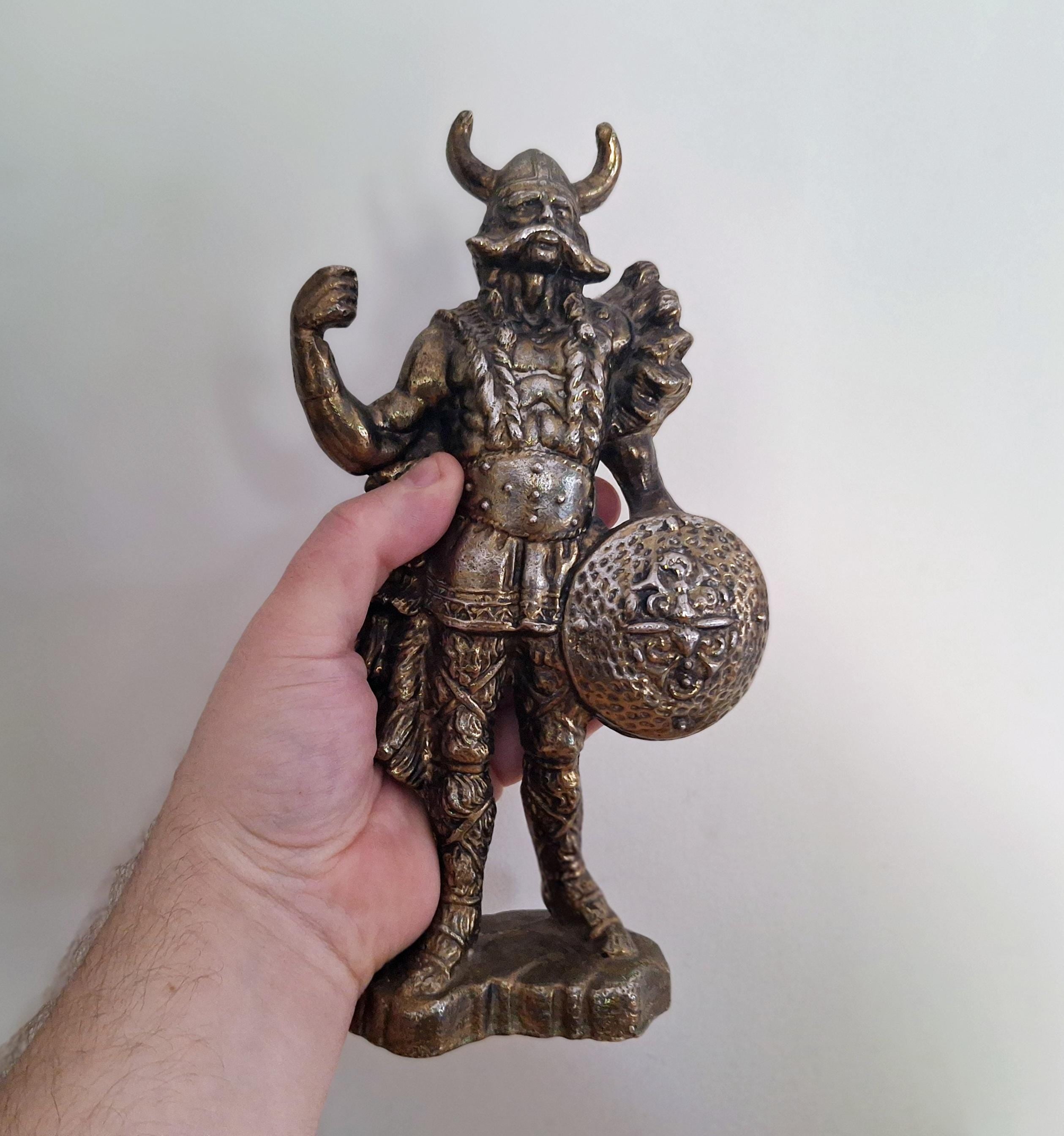 Vintage Viking Warrior Bronze Statue with Shield | Norse Mythology Decor | Antique Bronze Figure | Norse Viking Sculpture for Home Office
