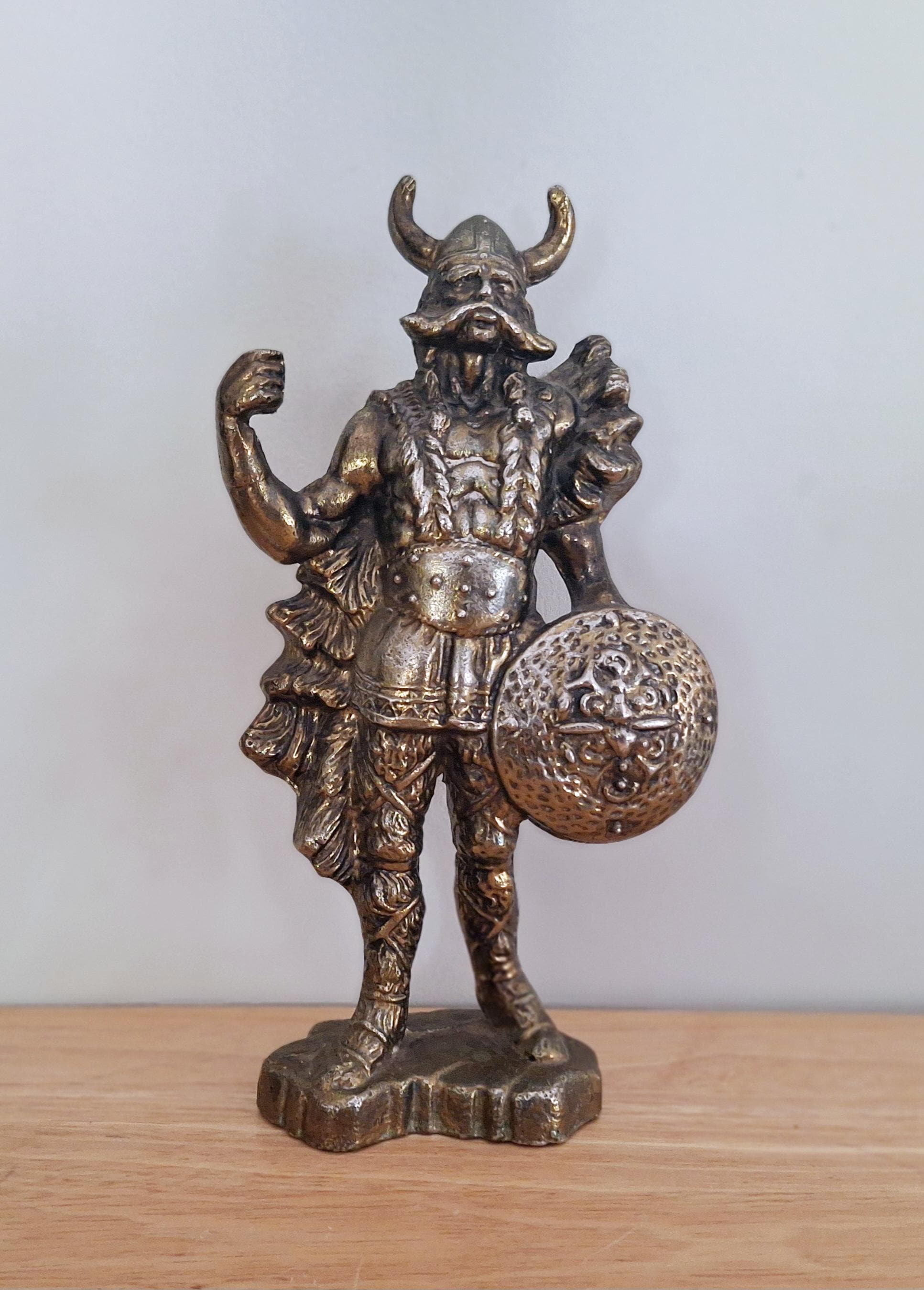 Vintage Viking Warrior Bronze Statue with Shield | Norse Mythology Decor | Antique Bronze Figure | Norse Viking Sculpture for Home Office