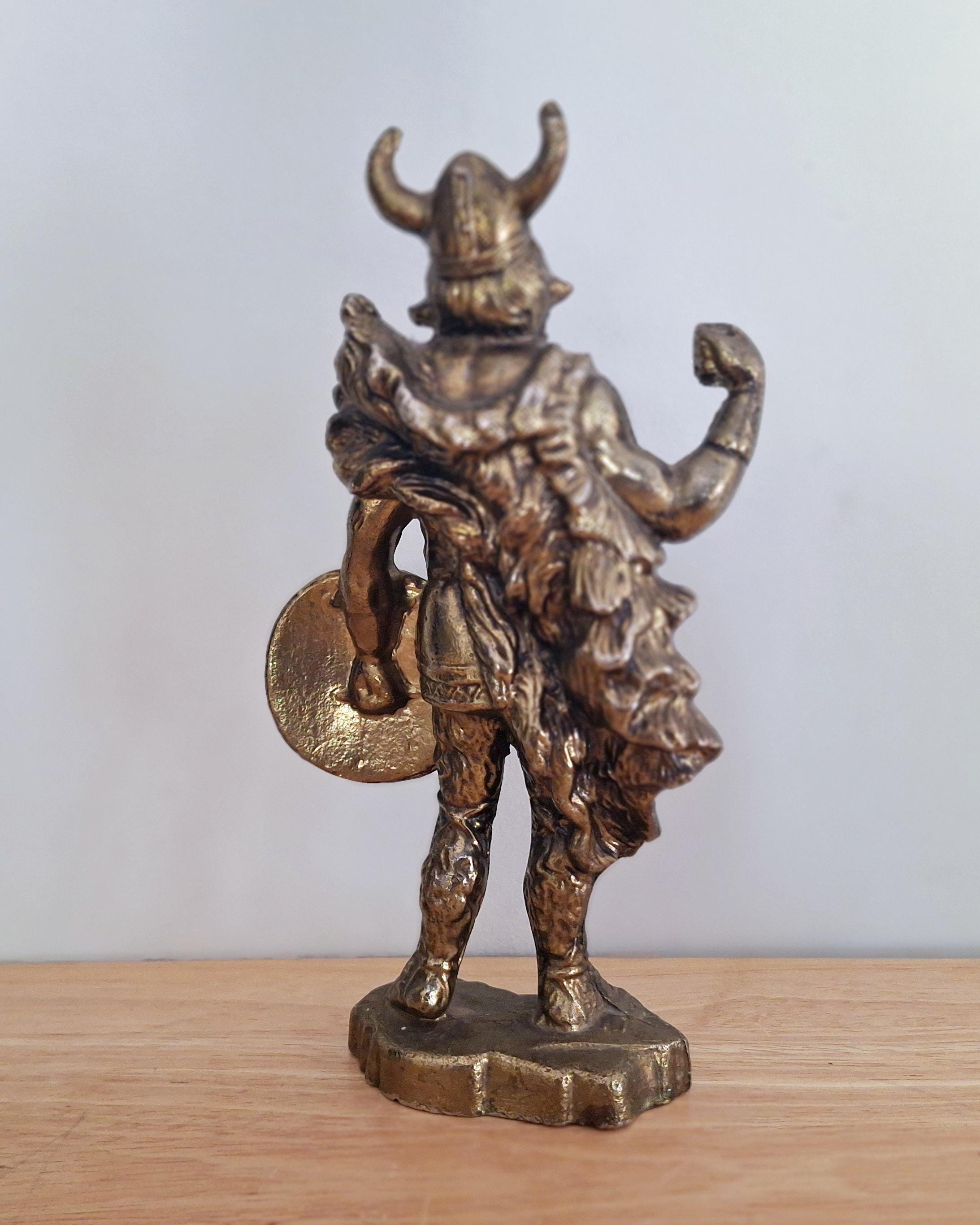 Vintage Viking Warrior Bronze Statue with Shield | Norse Mythology Decor | Antique Bronze Figure | Norse Viking Sculpture for Home Office