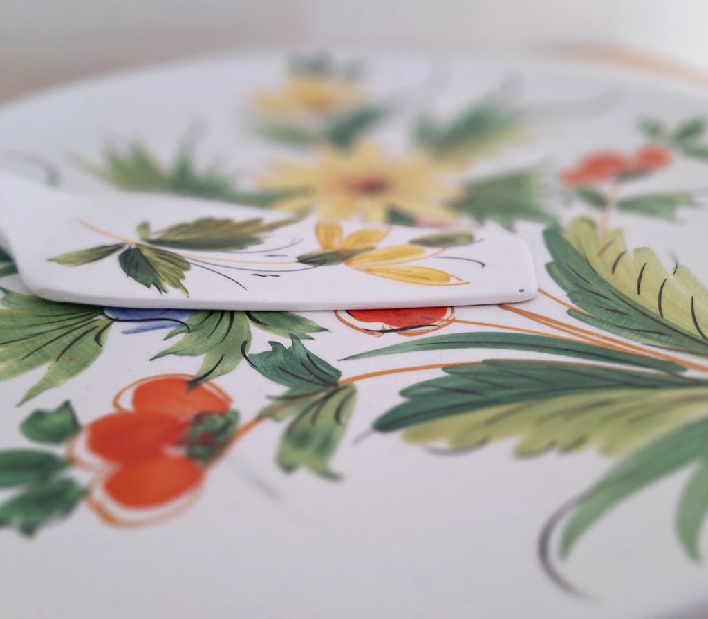 Vintage Italian Hand-Painted Ceramic Cake Plate and Serving Spatula - Floral Design