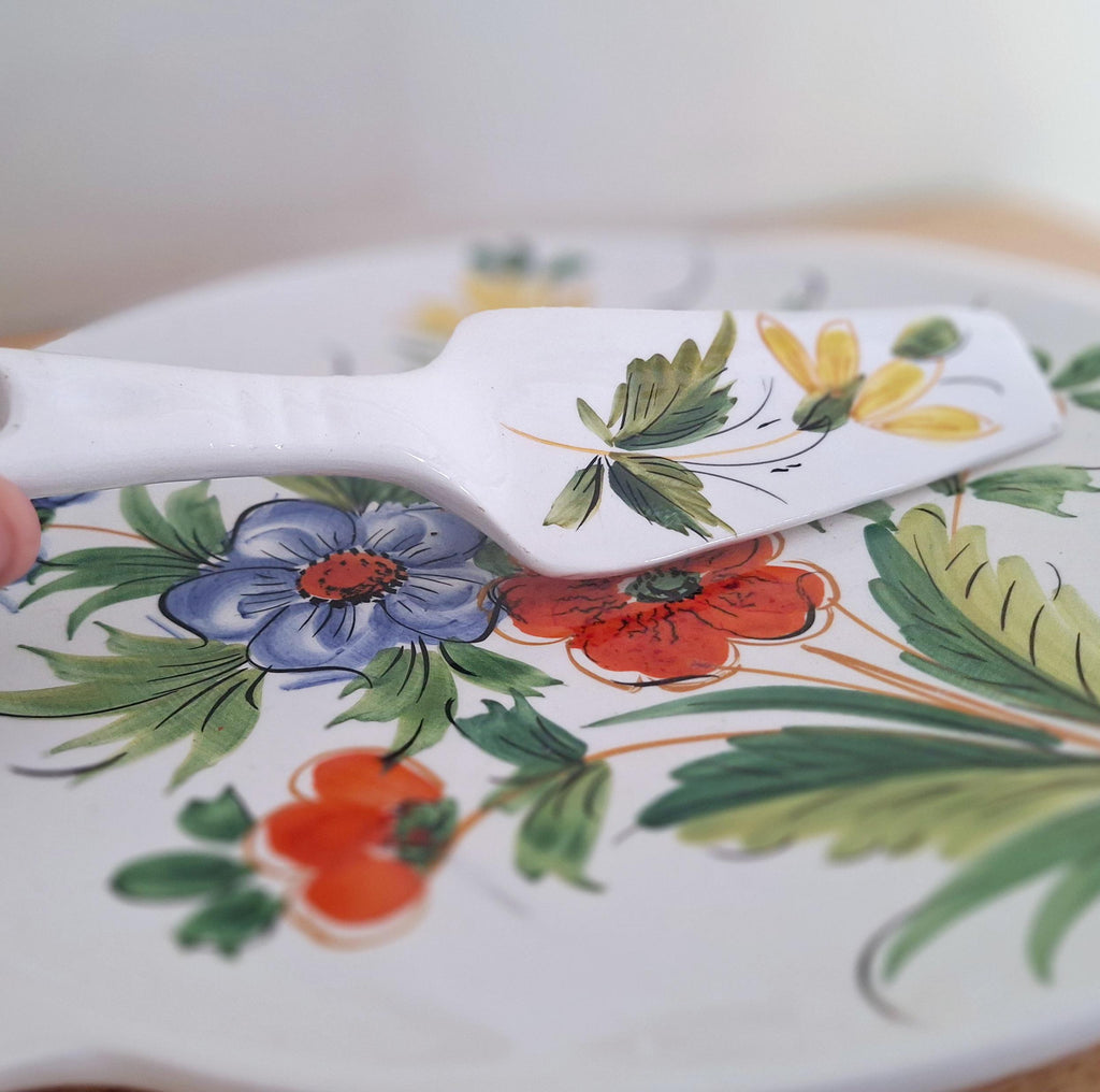 Vintage Italian Hand-Painted Ceramic Cake Plate and Serving Spatula - Floral Design
