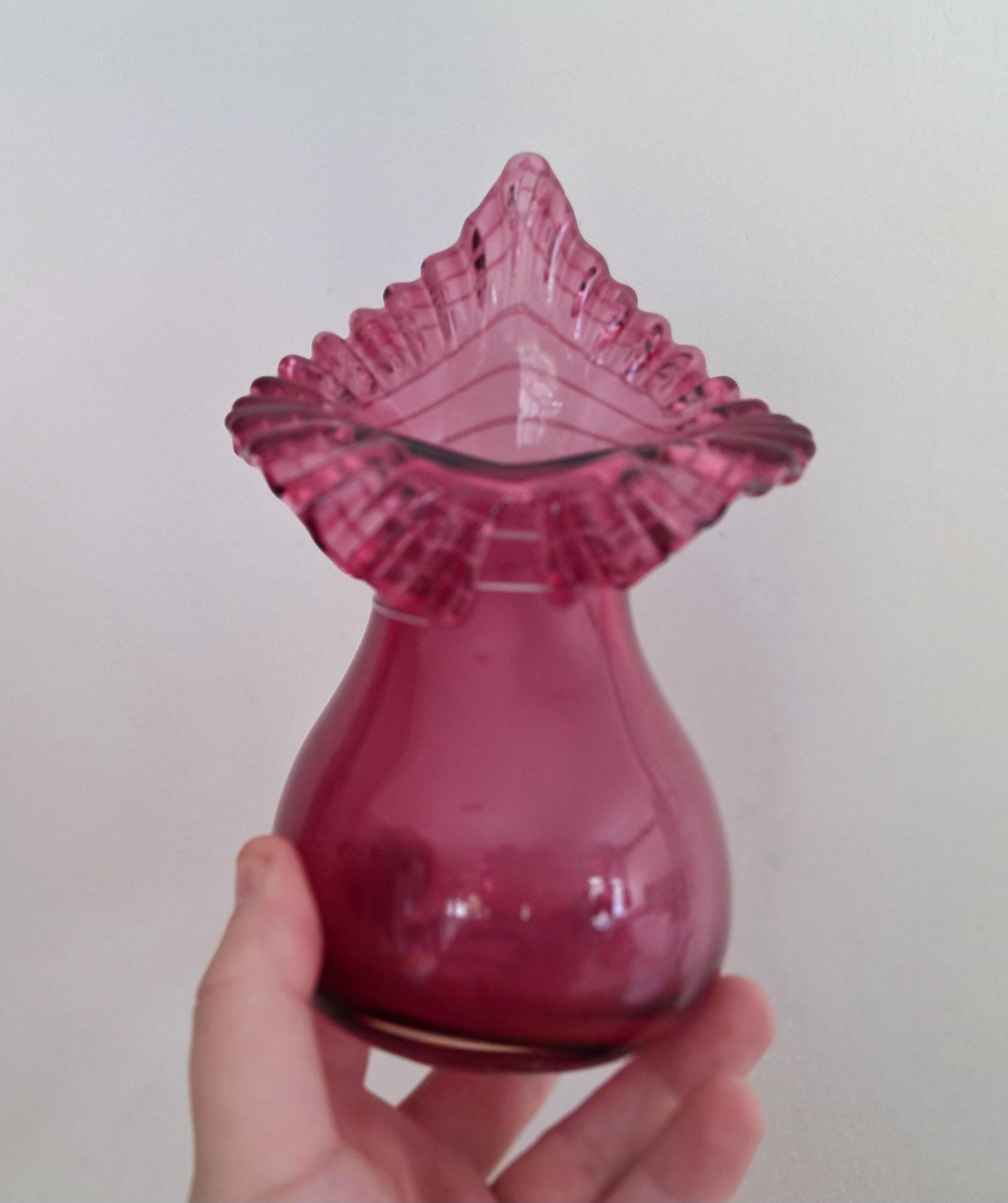 Vintage Art Glass Fenton Cranberry Pink Ruffled Vase - 1950s Handblown Glassware, Collectible Retro Home Decor, Mid-Century Modern Gift