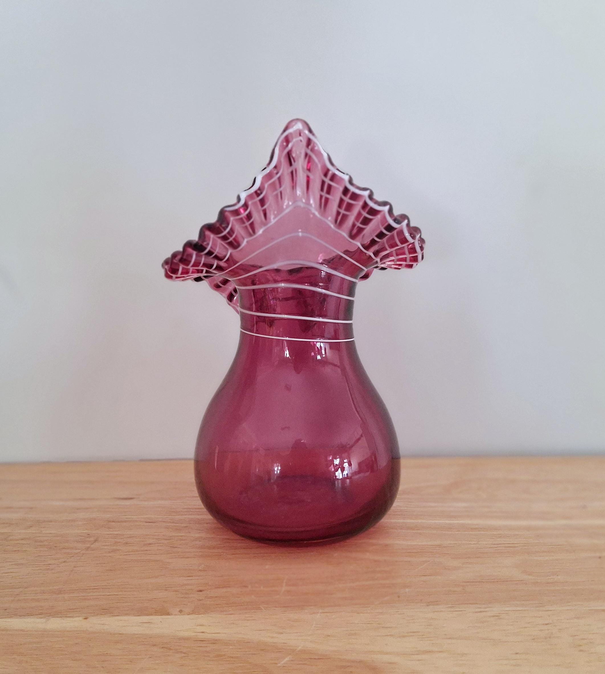 Vintage Art Glass Fenton Cranberry Pink Ruffled Vase - 1950s Handblown Glassware, Collectible Retro Home Decor, Mid-Century Modern Gift