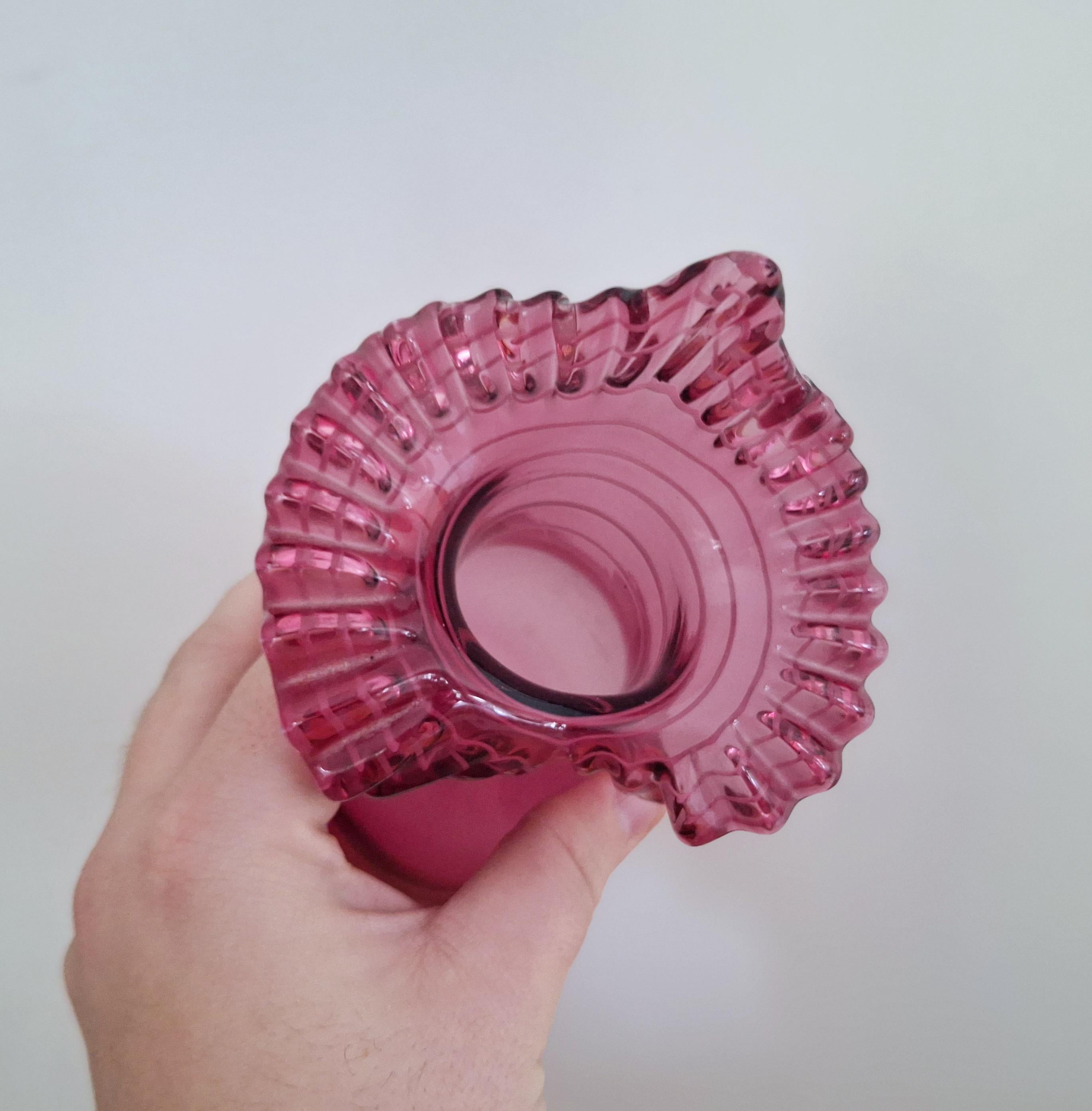Vintage Art Glass Fenton Cranberry Pink Ruffled Vase - 1950s Handblown Glassware, Collectible Retro Home Decor, Mid-Century Modern Gift