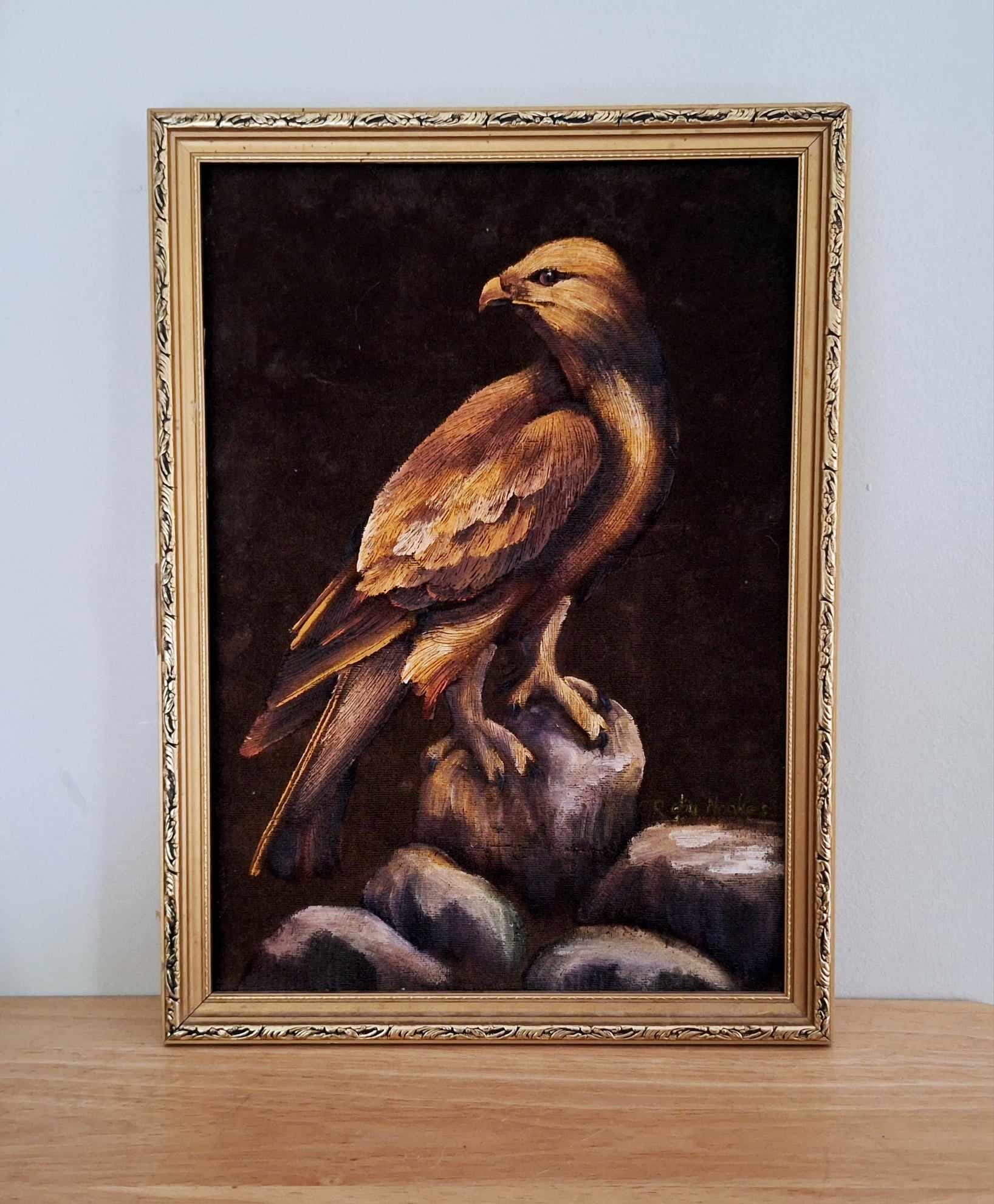 Vintage Oil Painting on Velvet - Majestic Golden Eagle Portrait in Ornate Frame - Wildlife Art for Rustic or Retro Home Decor