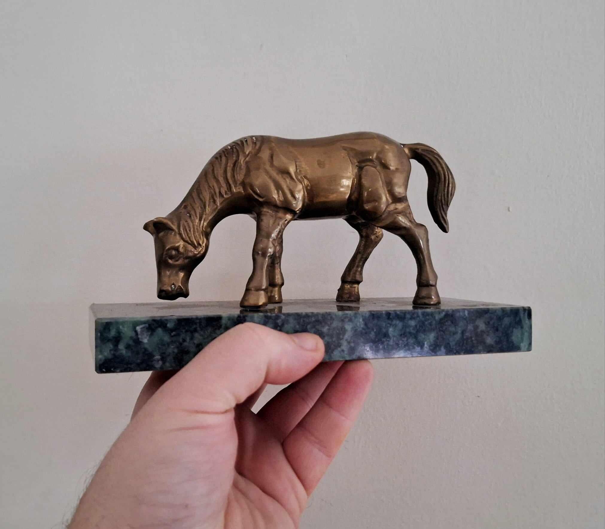 Vintage Brass Horse Figurine on Marble Base - Mid-Century Modern Equestrian Decor, Grazing Horse Statue, Collectible Brass Ornament