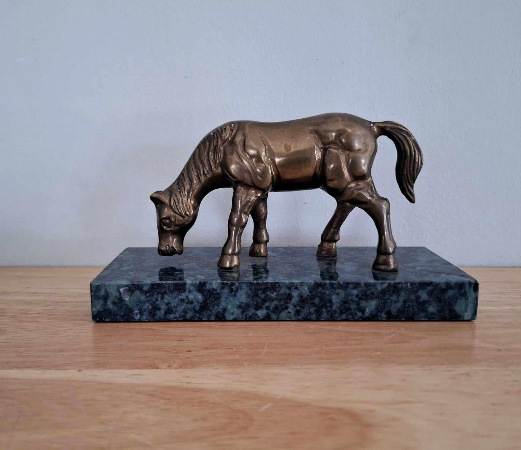 Vintage Brass Horse Figurine on Marble Base - Mid-Century Modern Equestrian Decor, Grazing Horse Statue, Collectible Brass Ornament