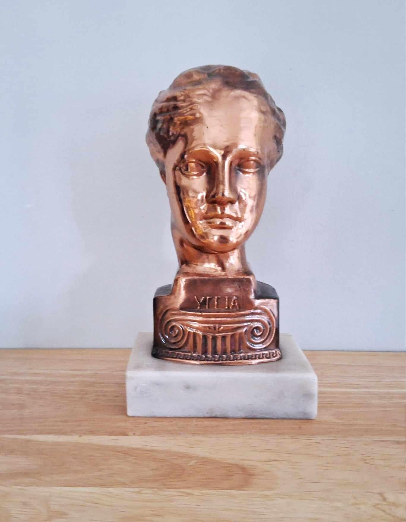 Vintage Copper Bust of Hygeia on Marble Base - Mid-Century Classical Greek Goddess Statue Antique-Inspired Art Sculpture 20th Century Decor