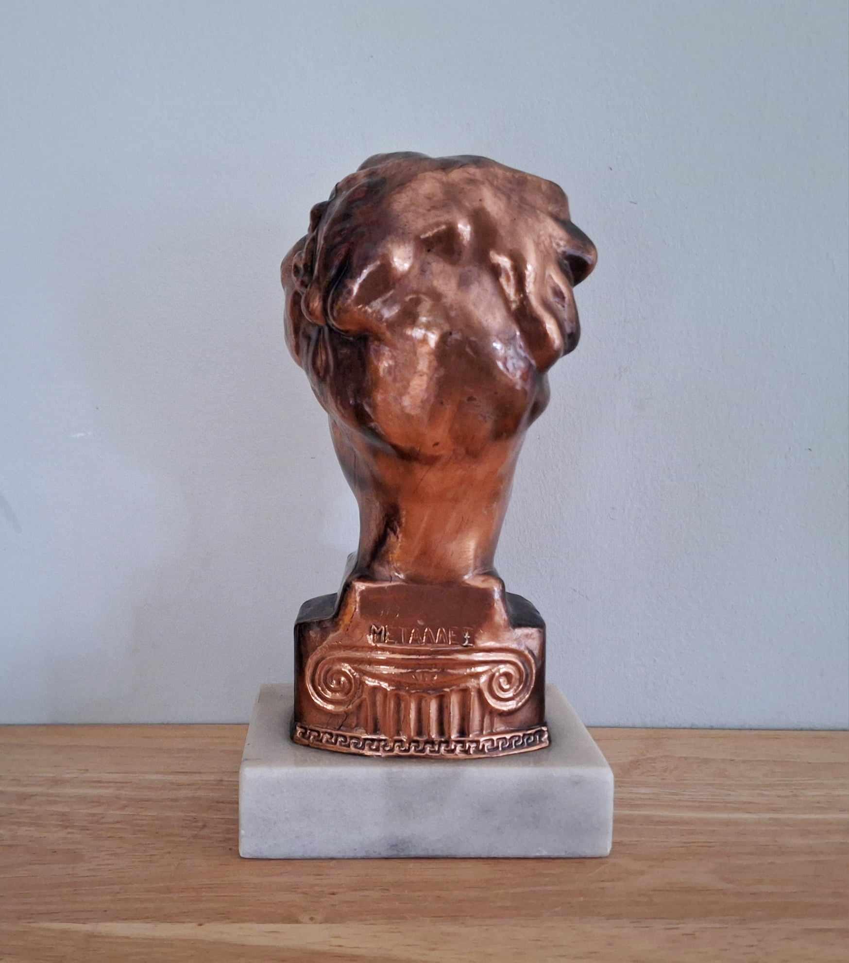 Vintage Copper Bust of Hygeia on Marble Base - Mid-Century Classical Greek Goddess Statue Antique-Inspired Art Sculpture 20th Century Decor