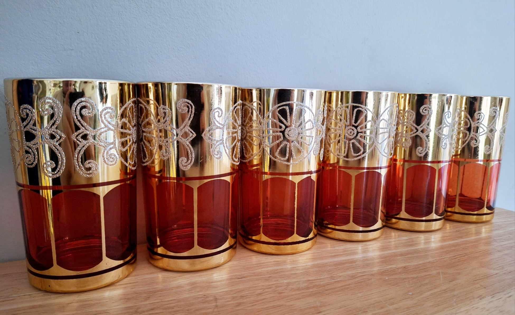 Vintage Moroccan Inspired Red and Gold Tea Glasses - Elegant Set of 6 for Tea, Decor, and Gifts  Intricate Golden Detailing - Retro Glamour!