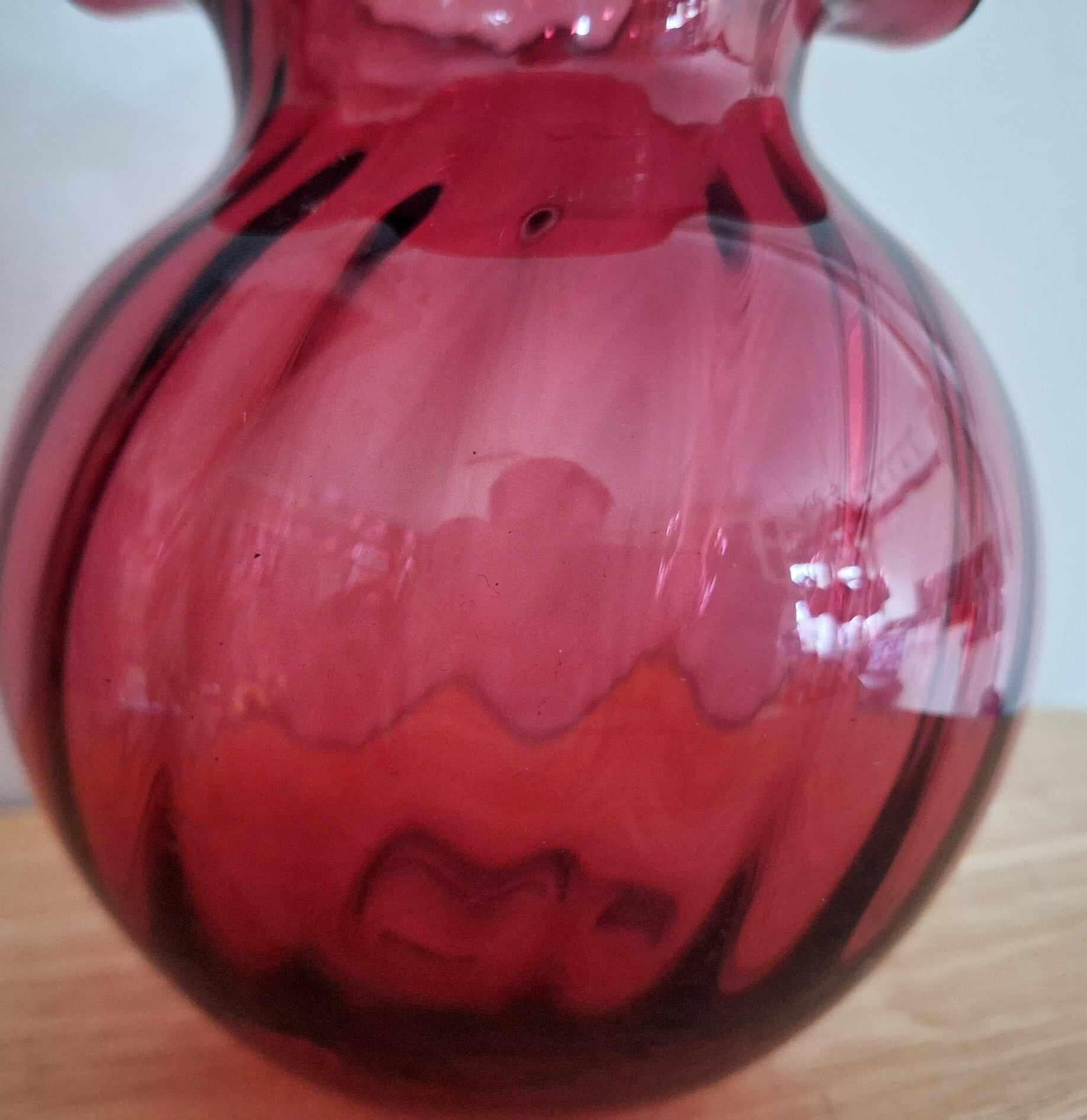 Vintage Ruby Red Hand-Blown Glass Vase, Swirl Pattern, Ruffled Rim | Mid-Century Art Glass Decor | Elegant Decorative Vase for Home Display