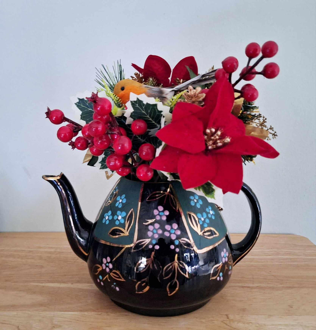Antique Victorian Jackfield Earthenware Teapot Christmas Centerpiece  Upcycled Holiday Decor with Festive Floral Arrangement (c.1880s)