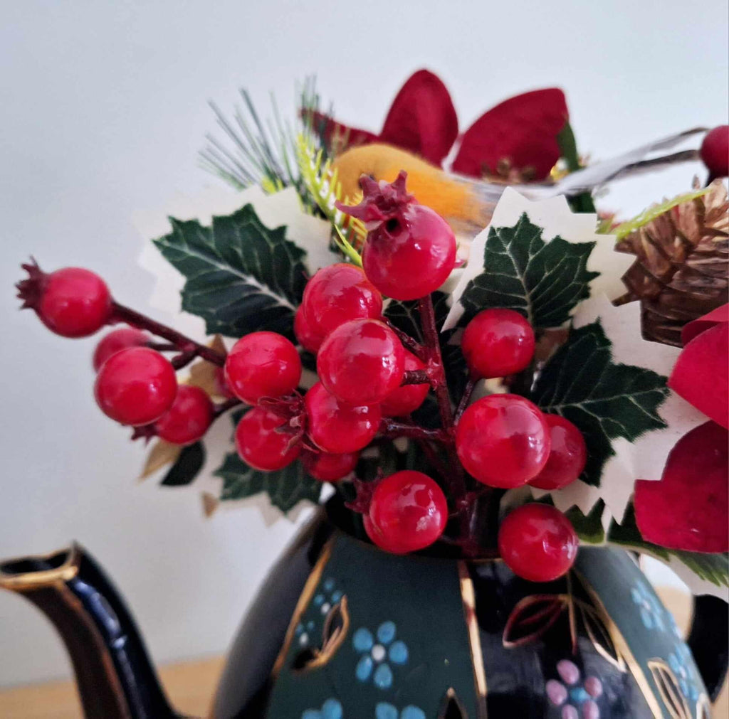 Antique Victorian Jackfield Earthenware Teapot Christmas Centerpiece  Upcycled Holiday Decor with Festive Floral Arrangement (c.1880s)
