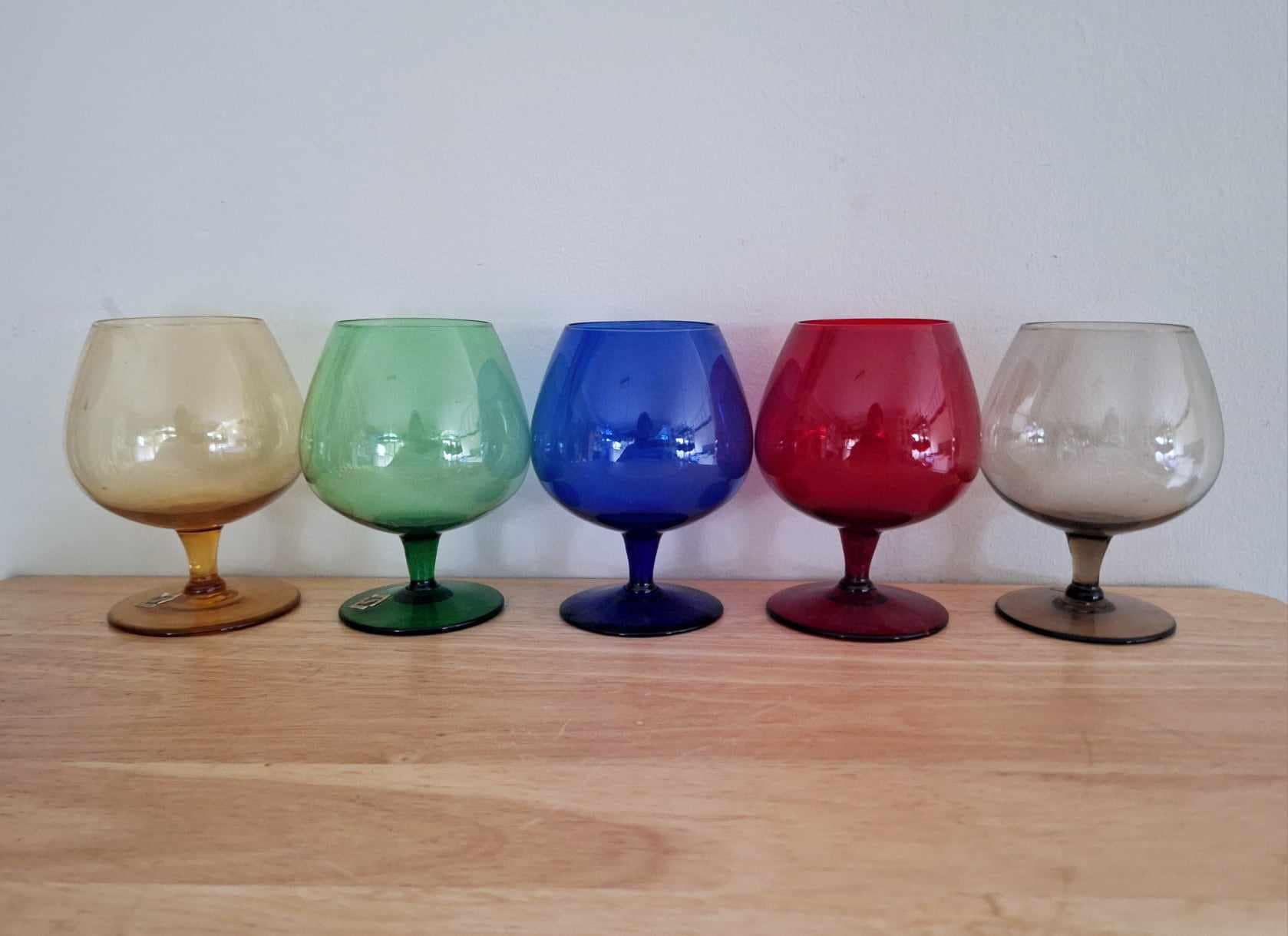 Vintage Colored Goblet Glassware - Set of 5 Elegant Cranberry, Green, Blue, Amber, and Smoke Glasses - Retro Mid-Century Barware Decor