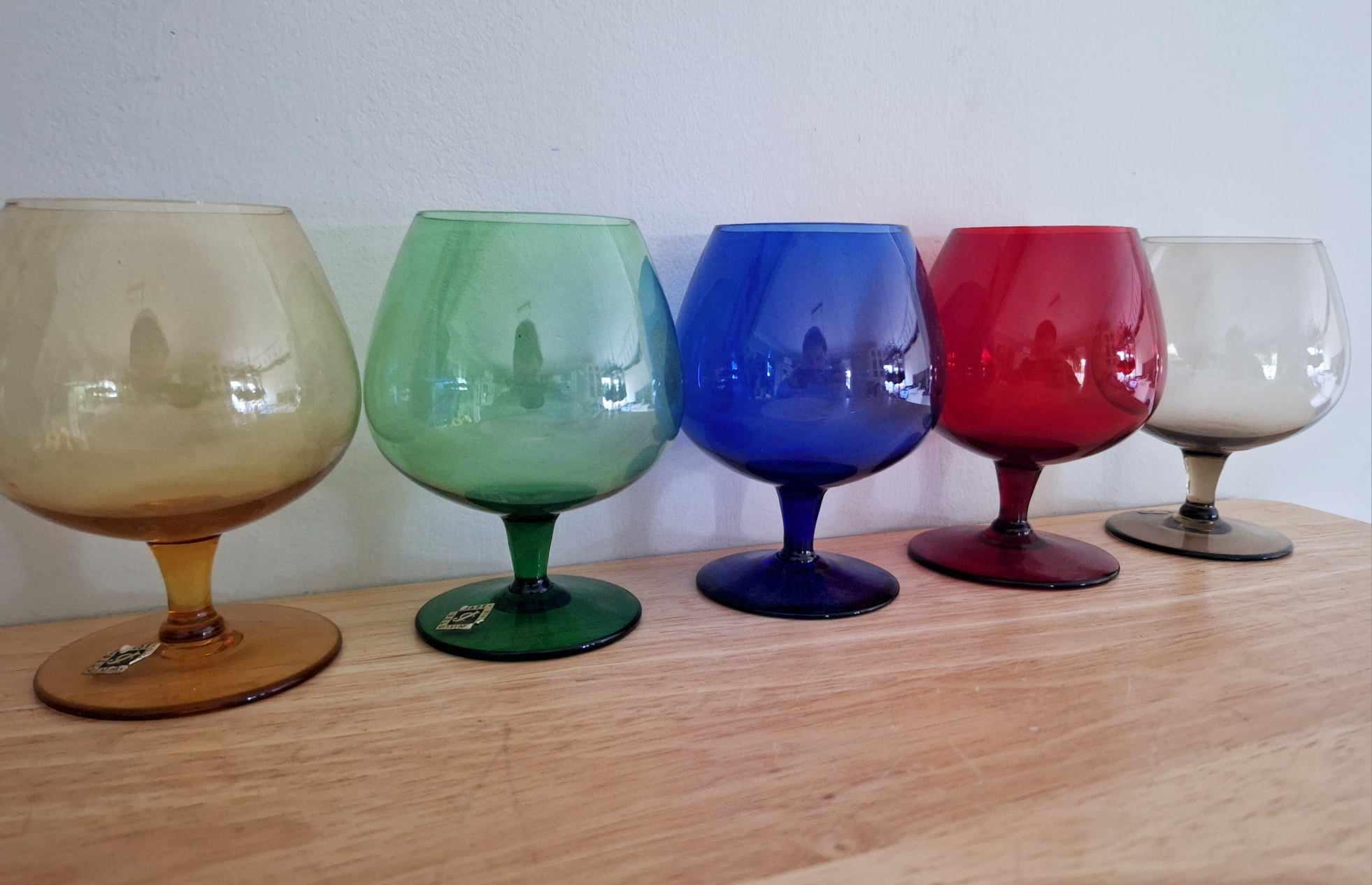 Vintage Colored Goblet Glassware - Set of 5 Elegant Cranberry, Green, Blue, Amber, and Smoke Glasses - Retro Mid-Century Barware Decor