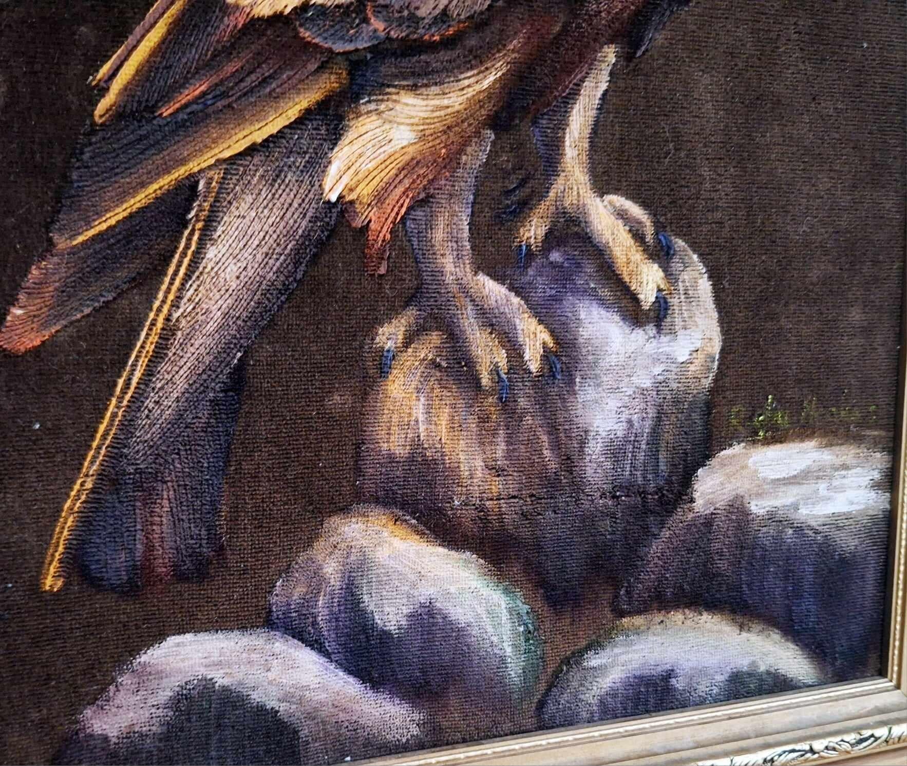 Vintage Oil Painting on Velvet - Majestic Golden Eagle Portrait in Ornate Frame - Wildlife Art for Rustic or Retro Home Decor