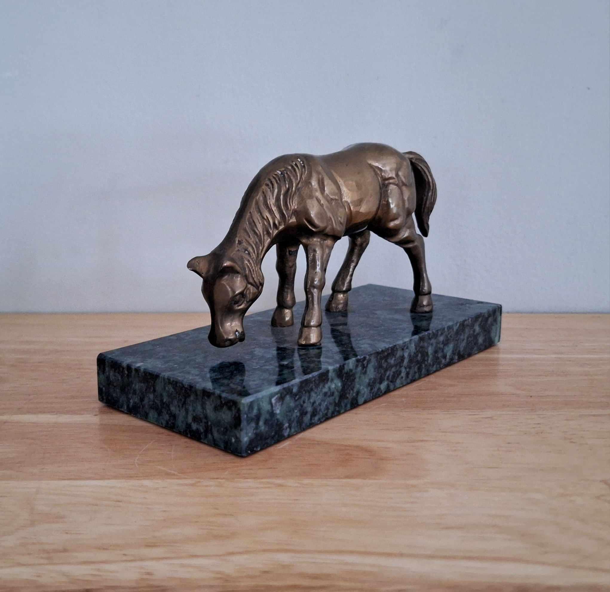 Vintage Brass Horse Figurine on Marble Base - Mid-Century Modern Equestrian Decor, Grazing Horse Statue, Collectible Brass Ornament