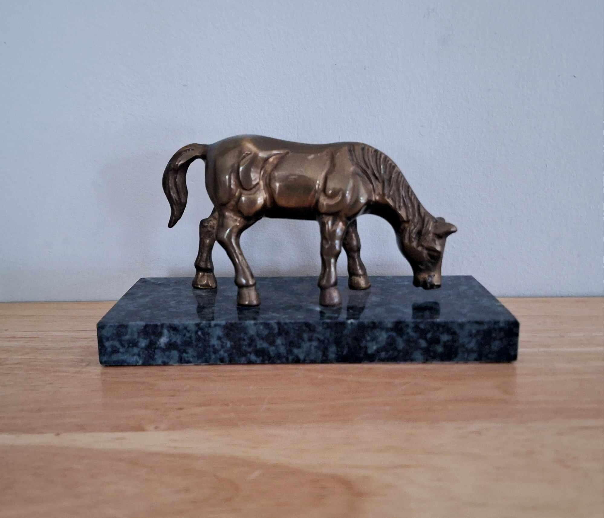 Vintage Brass Horse Figurine on Marble Base - Mid-Century Modern Equestrian Decor, Grazing Horse Statue, Collectible Brass Ornament