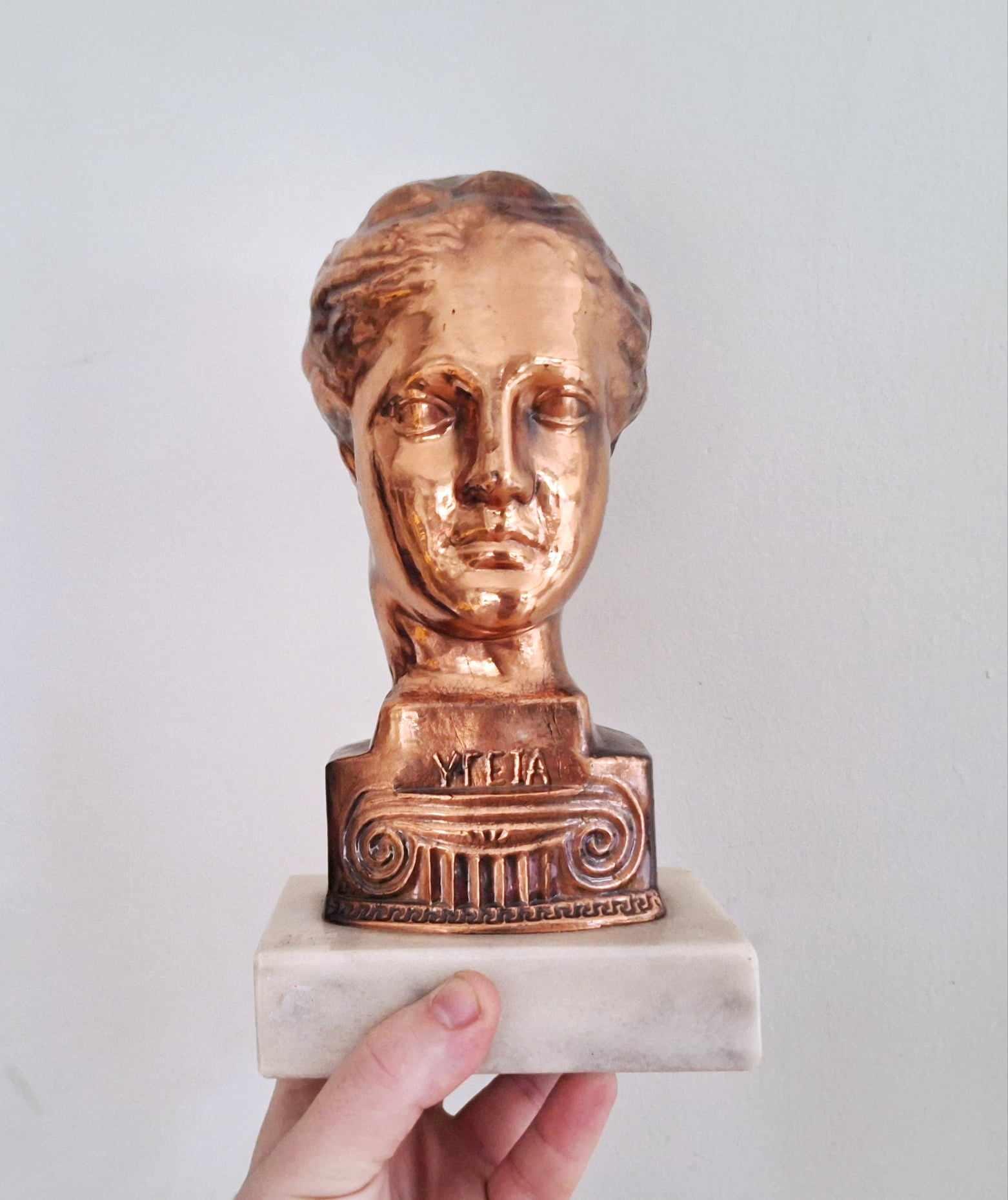 Vintage Copper Bust of Hygeia on Marble Base - Mid-Century Classical Greek Goddess Statue Antique-Inspired Art Sculpture 20th Century Decor