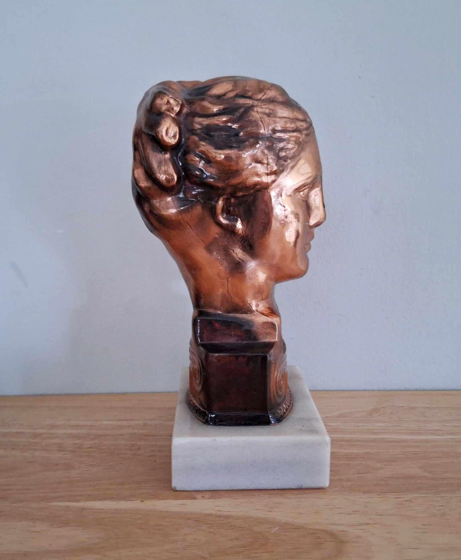Vintage Copper Bust of Hygeia on Marble Base - Mid-Century Classical Greek Goddess Statue Antique-Inspired Art Sculpture 20th Century Decor