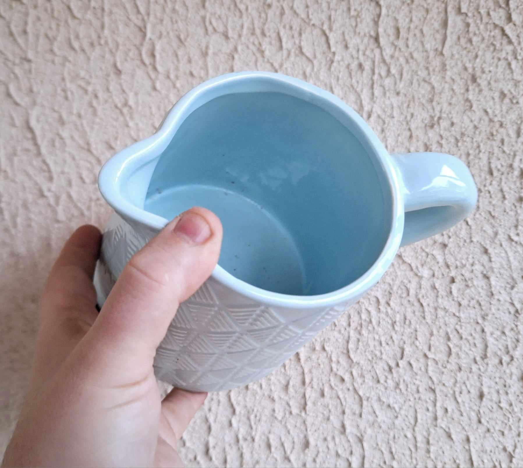 Vintage Blue Ceramic Pitcher with Geometric Leaf Pattern  Farmhouse Jug, Decorative Kitchen Vase, Rustic Indoor Planter, Shabby Chic Décor