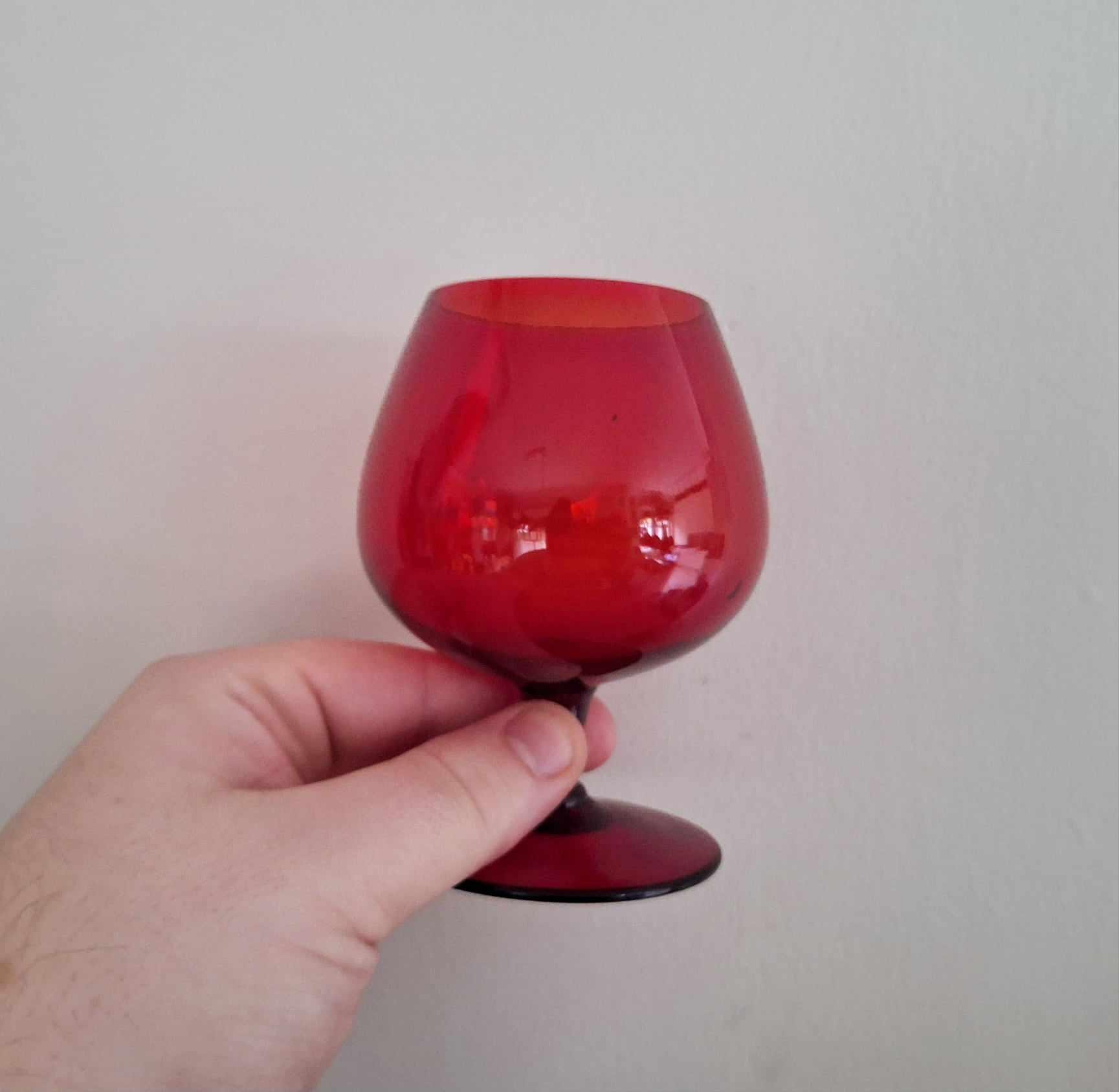 Vintage Colored Goblet Glassware - Set of 5 Elegant Cranberry, Green, Blue, Amber, and Smoke Glasses - Retro Mid-Century Barware Decor
