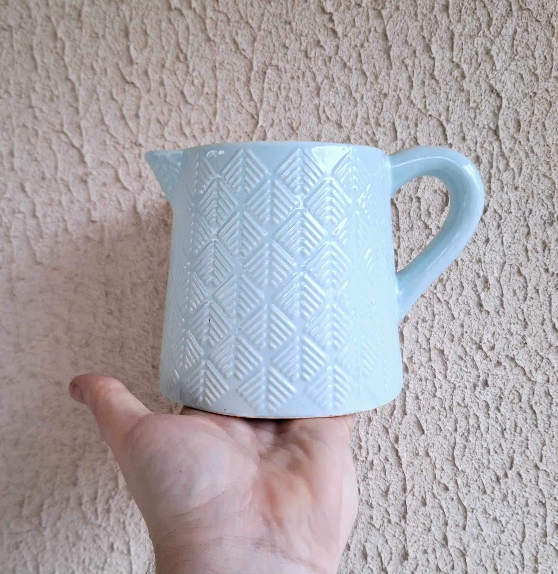 Vintage Blue Ceramic Pitcher with Geometric Leaf Pattern  Farmhouse Jug, Decorative Kitchen Vase, Rustic Indoor Planter, Shabby Chic Décor